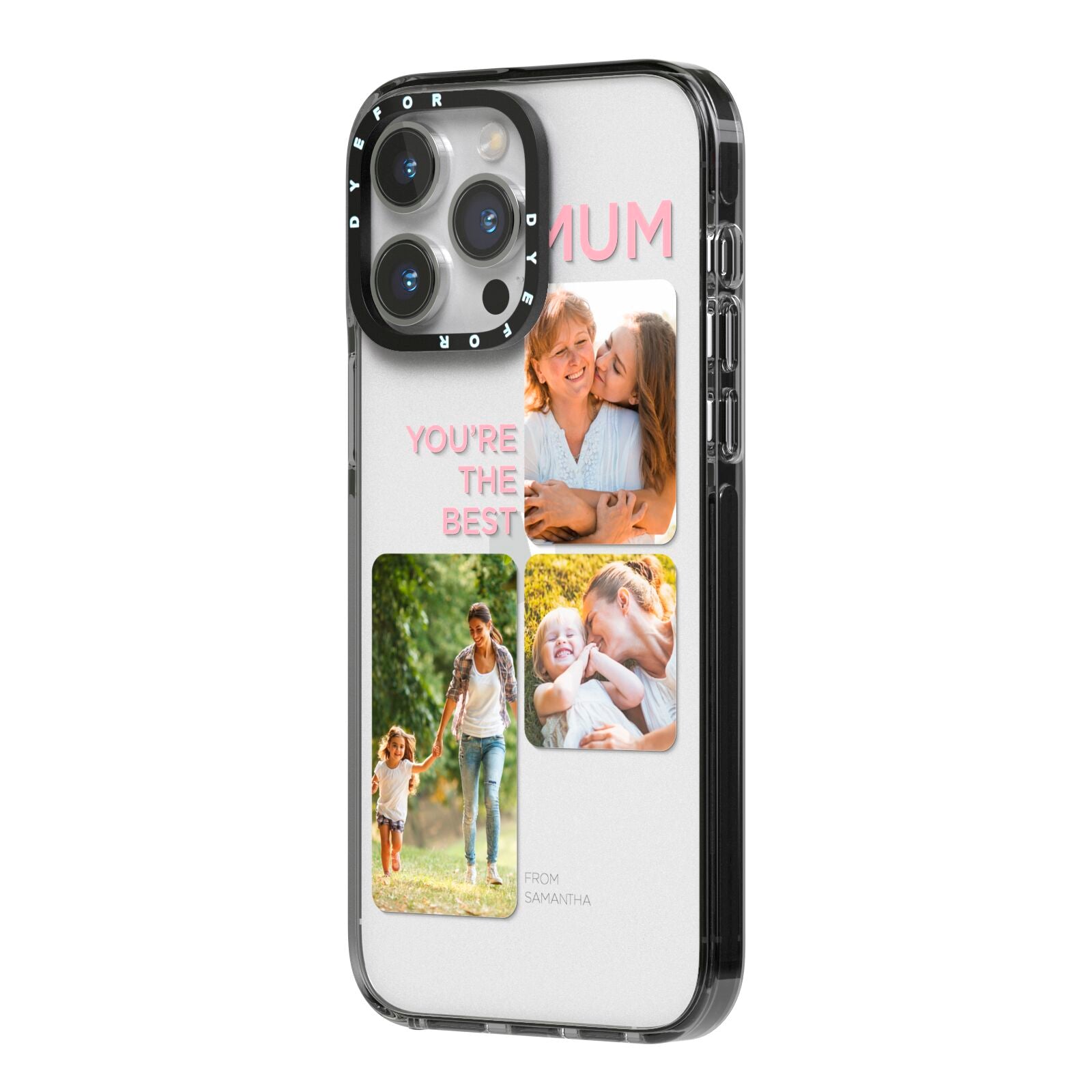 Personalised Mothers Day iPhone 14 Pro Max Black Impact Case Side Angle on Silver phone