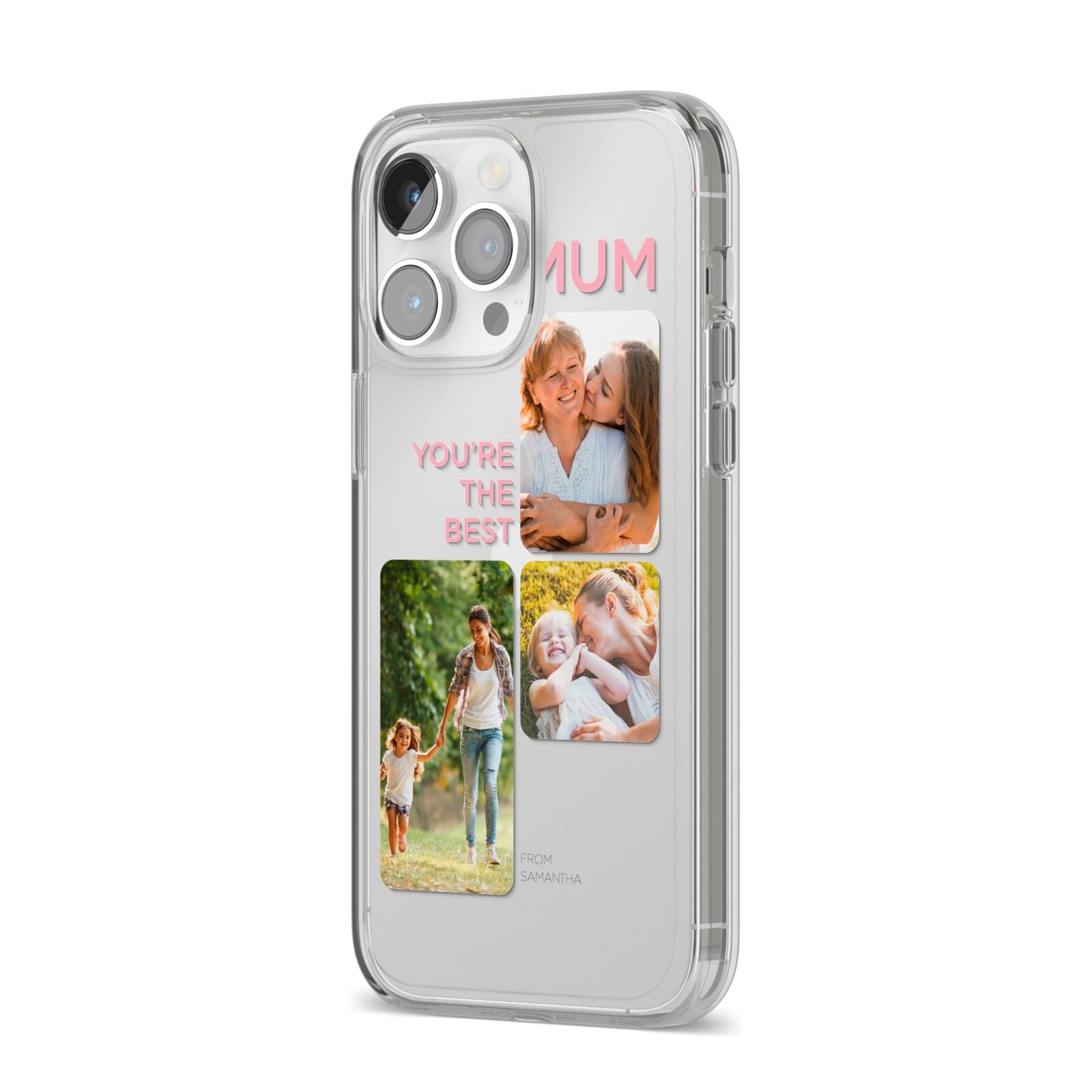 Personalised Mothers Day iPhone 14 Pro Max Clear Tough Case Silver Angled Image