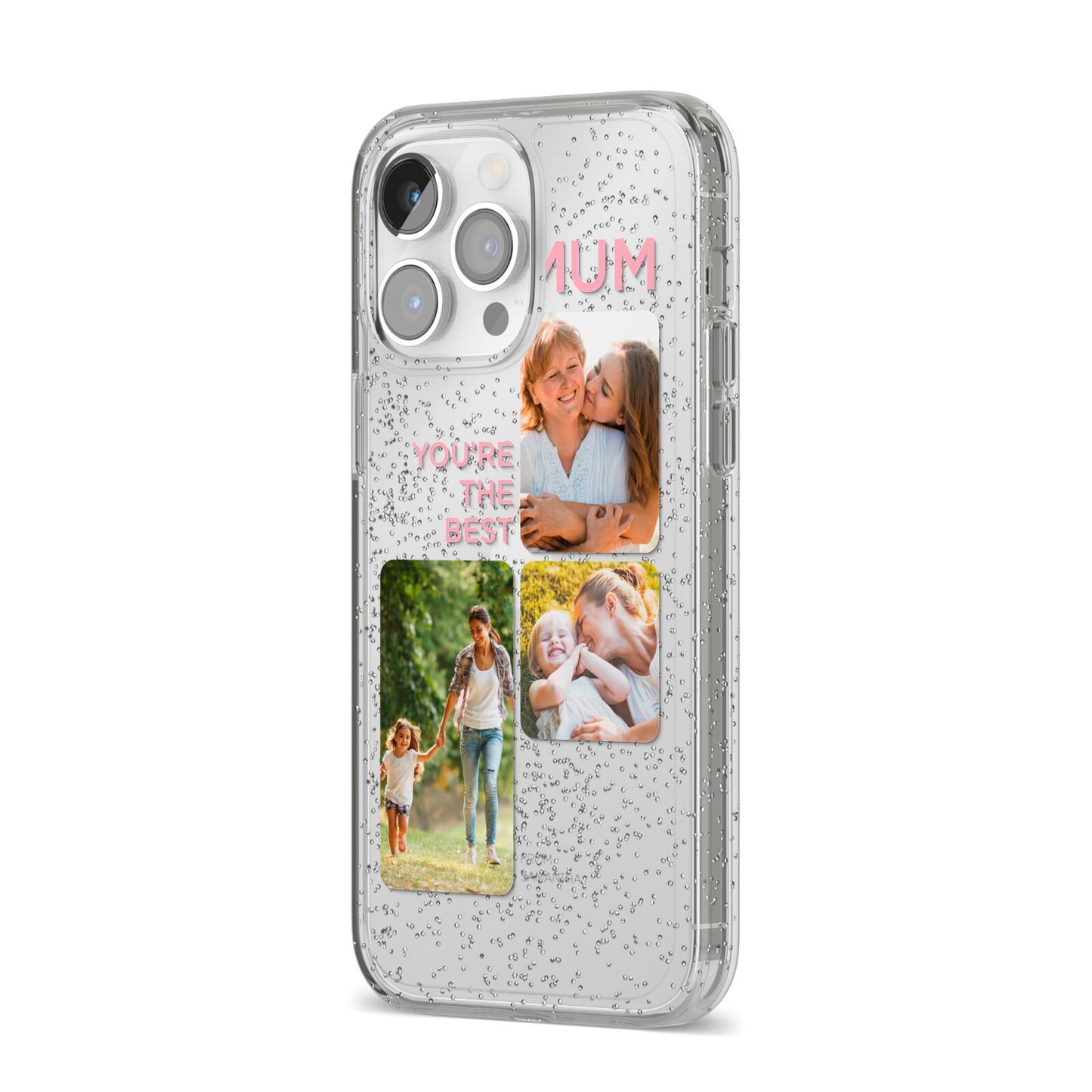 Personalised Mothers Day iPhone 14 Pro Max Glitter Tough Case Silver Angled Image