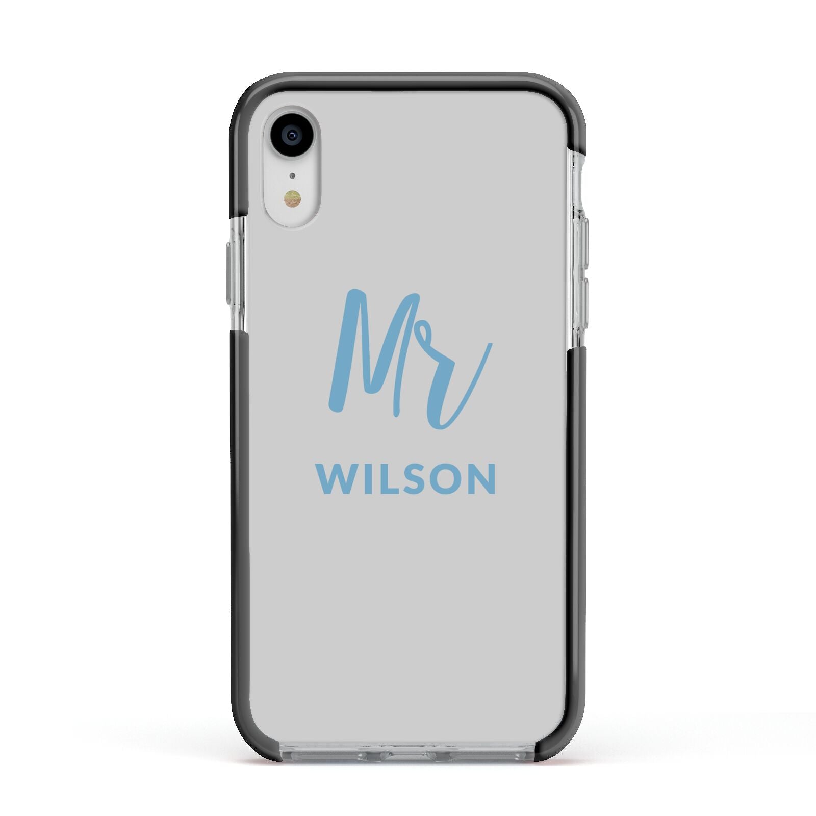 Personalised Mr Couple Apple iPhone XR Impact Case Black Edge on Silver Phone