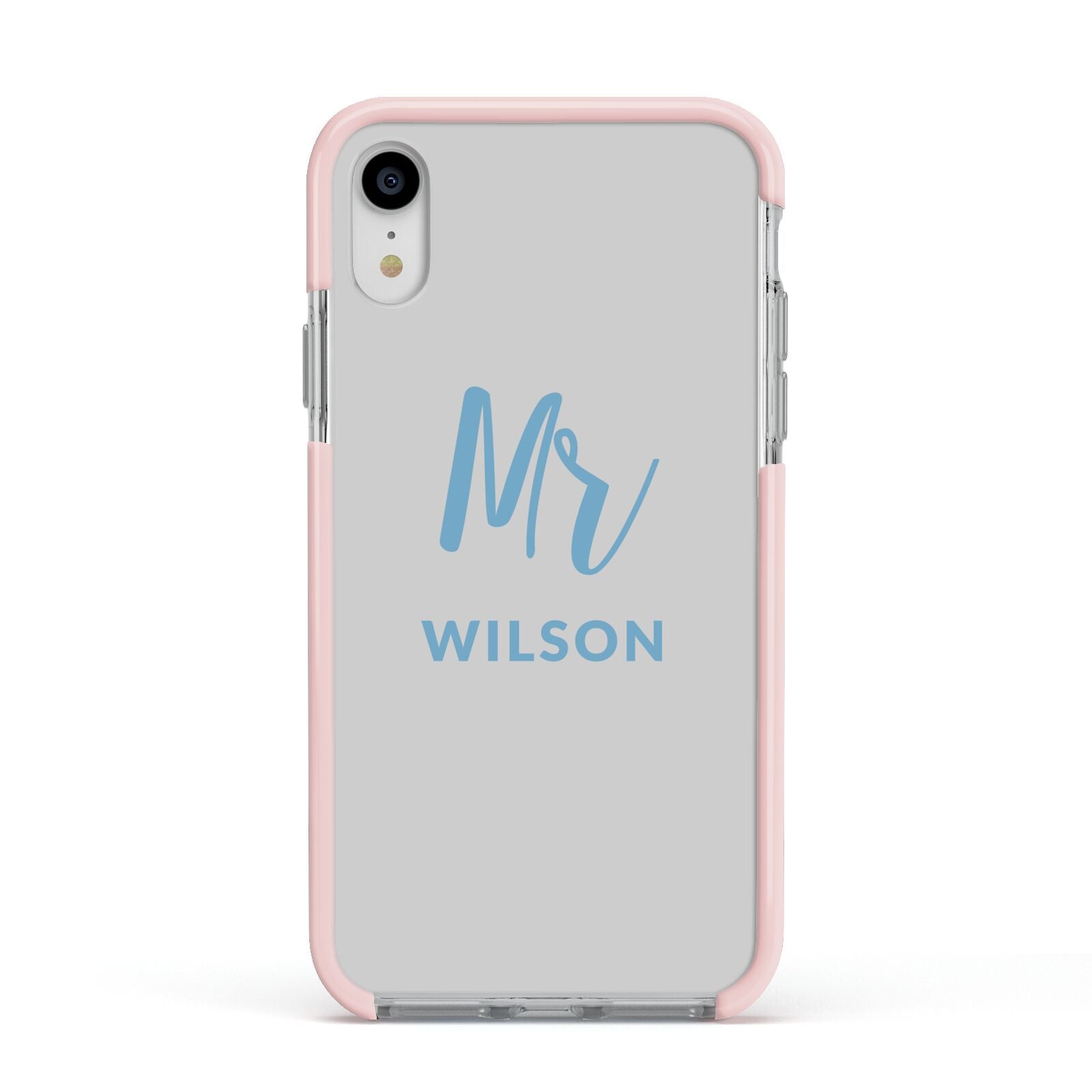 Personalised Mr Couple Apple iPhone XR Impact Case Pink Edge on Silver Phone