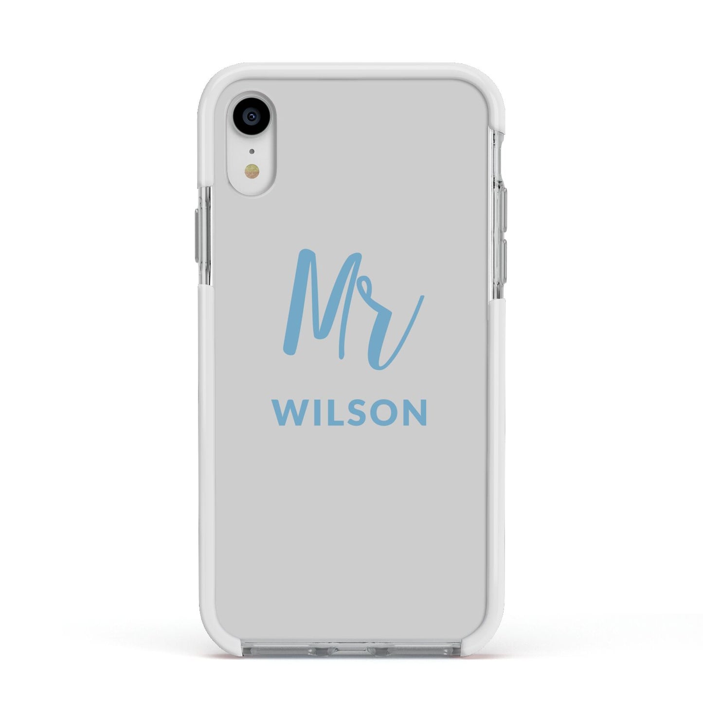 Personalised Mr Couple Apple iPhone XR Impact Case White Edge on Silver Phone