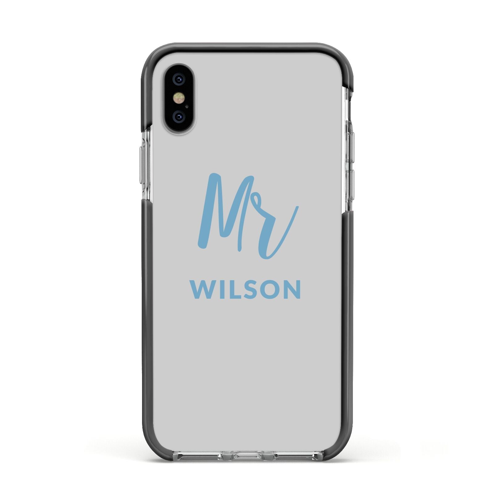 Personalised Mr Couple Apple iPhone Xs Impact Case Black Edge on Silver Phone