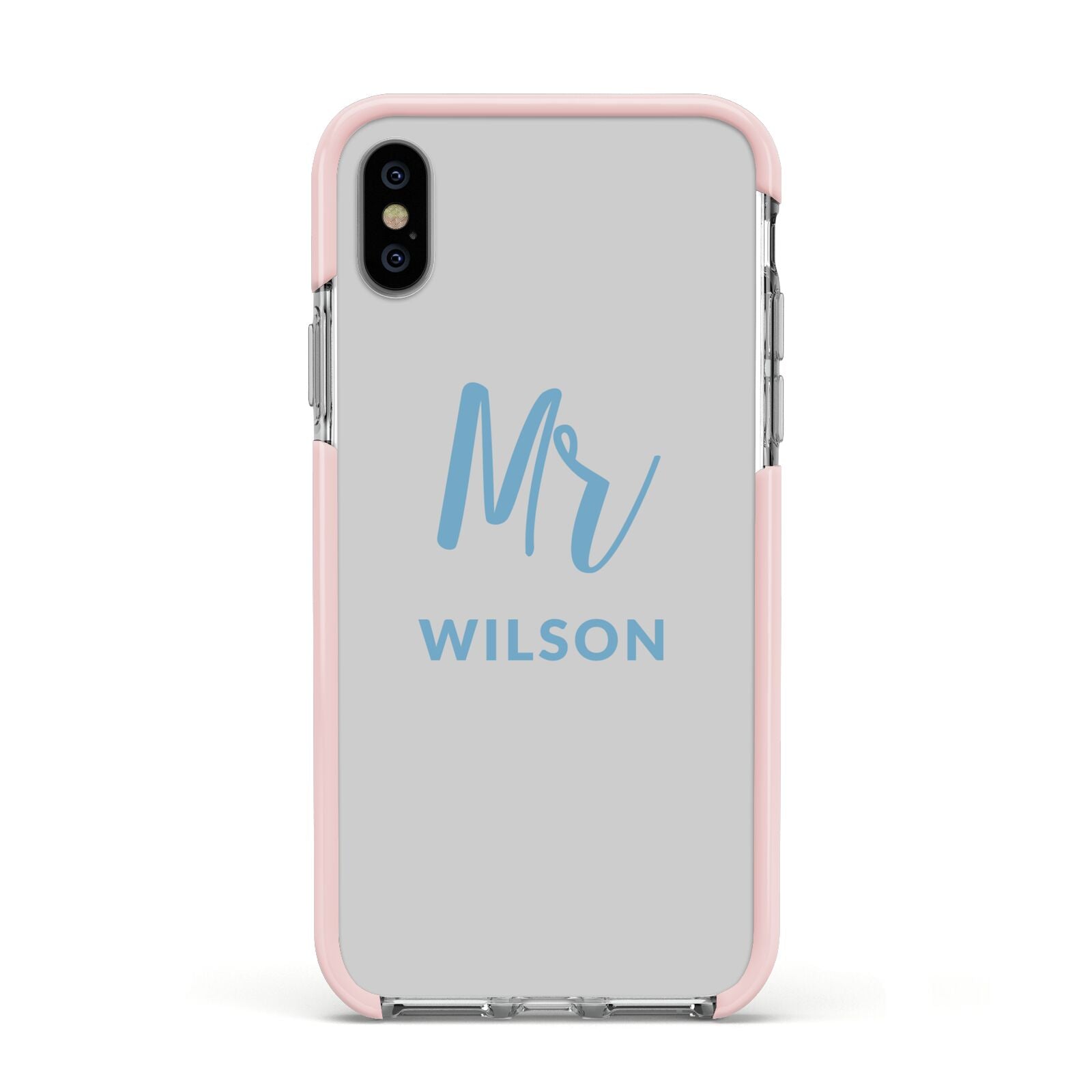 Personalised Mr Couple Apple iPhone Xs Impact Case Pink Edge on Silver Phone