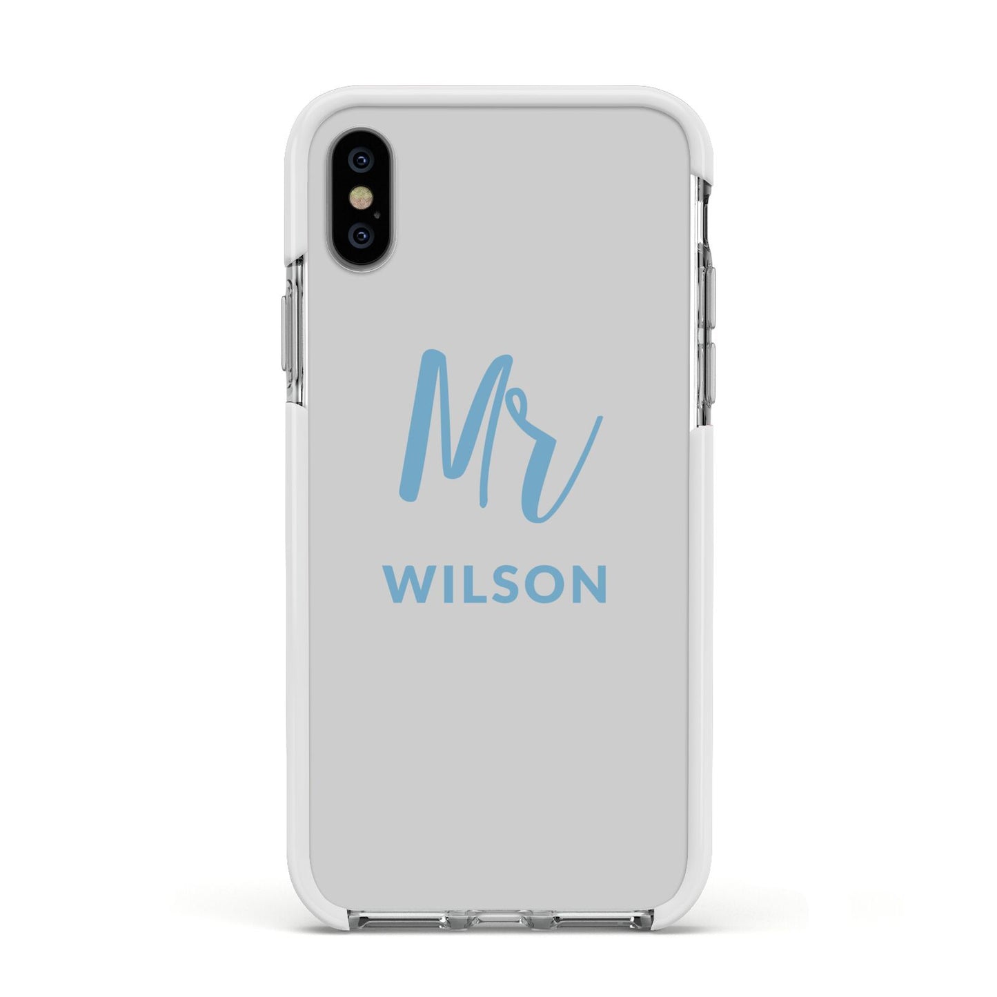 Personalised Mr Couple Apple iPhone Xs Impact Case White Edge on Silver Phone