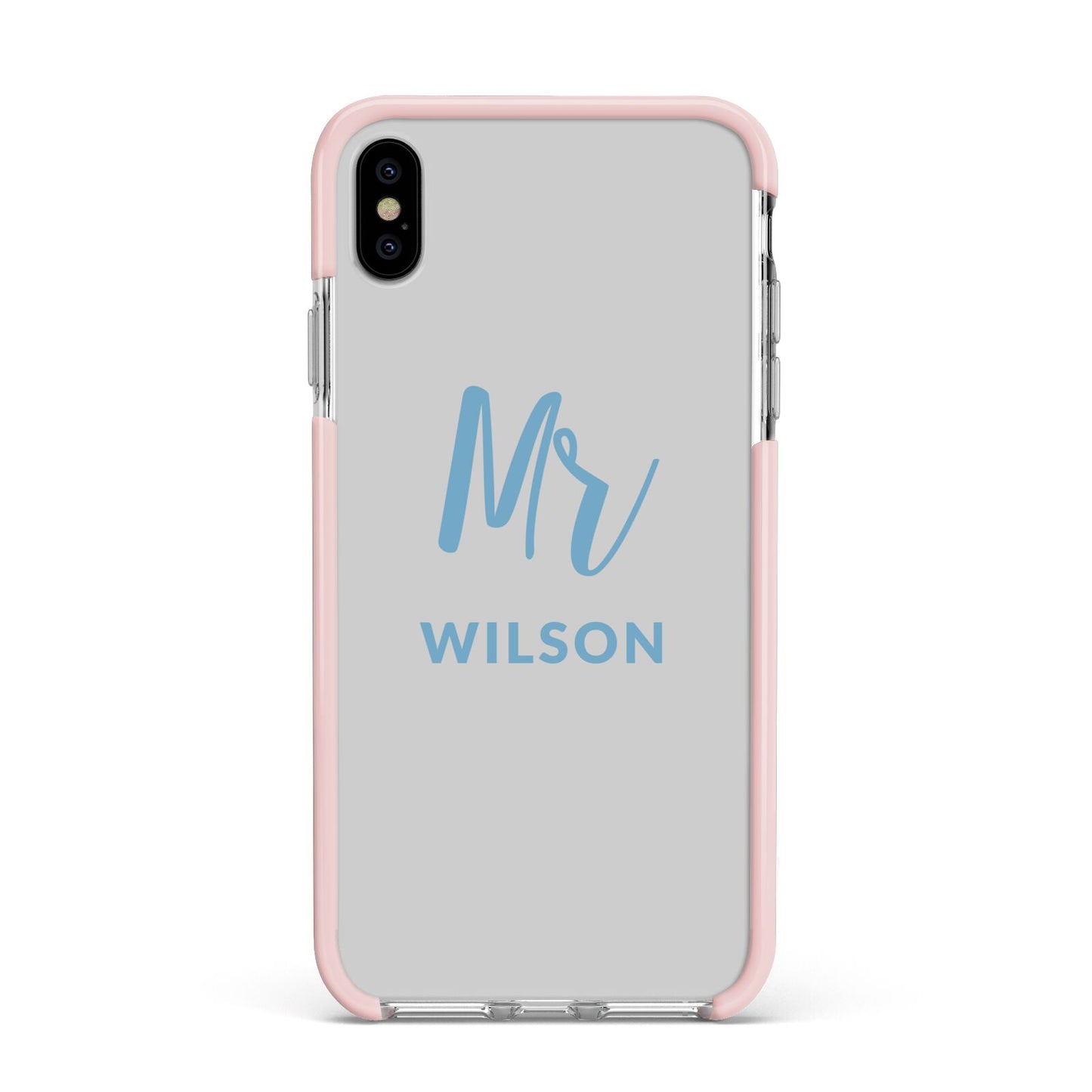 Personalised Mr Couple Apple iPhone Xs Max Impact Case Pink Edge on Silver Phone