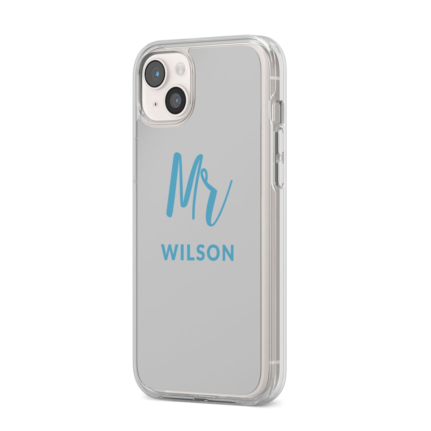 Personalised Mr Couple iPhone 14 Plus Clear Tough Case Starlight Angled Image