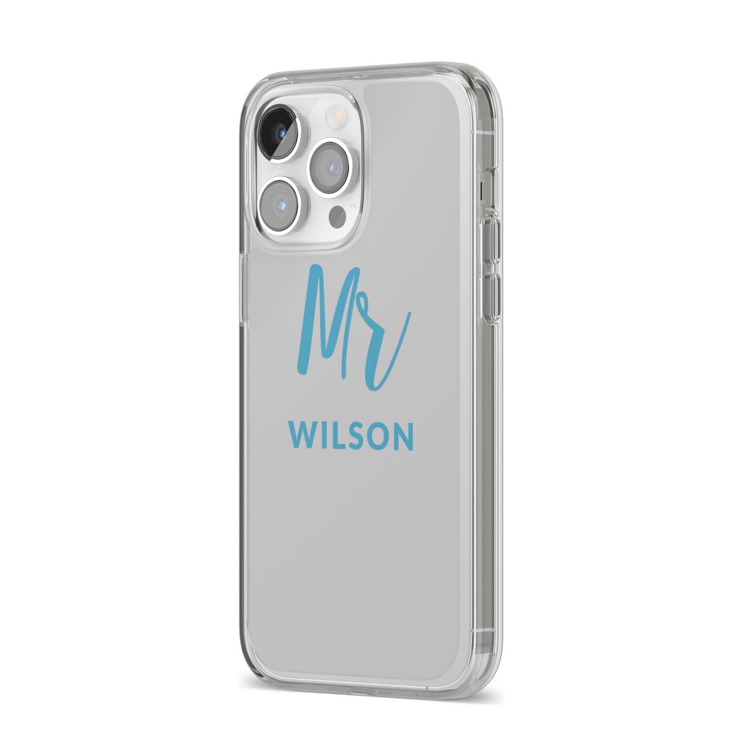 Personalised Mr Couple iPhone 14 Pro Max Clear Tough Case Silver Angled Image