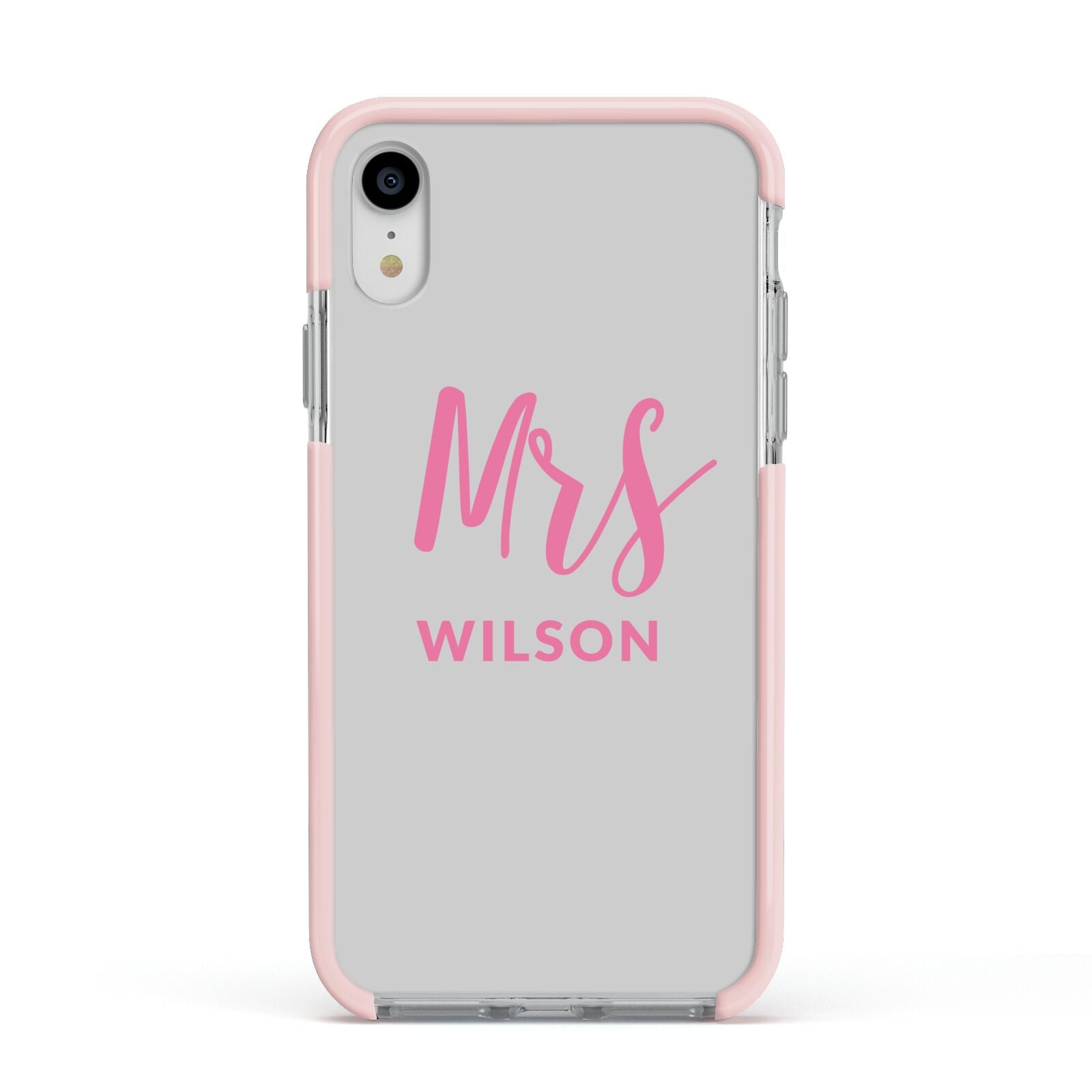 Personalised Mrs Couple Apple iPhone XR Impact Case Pink Edge on Silver Phone