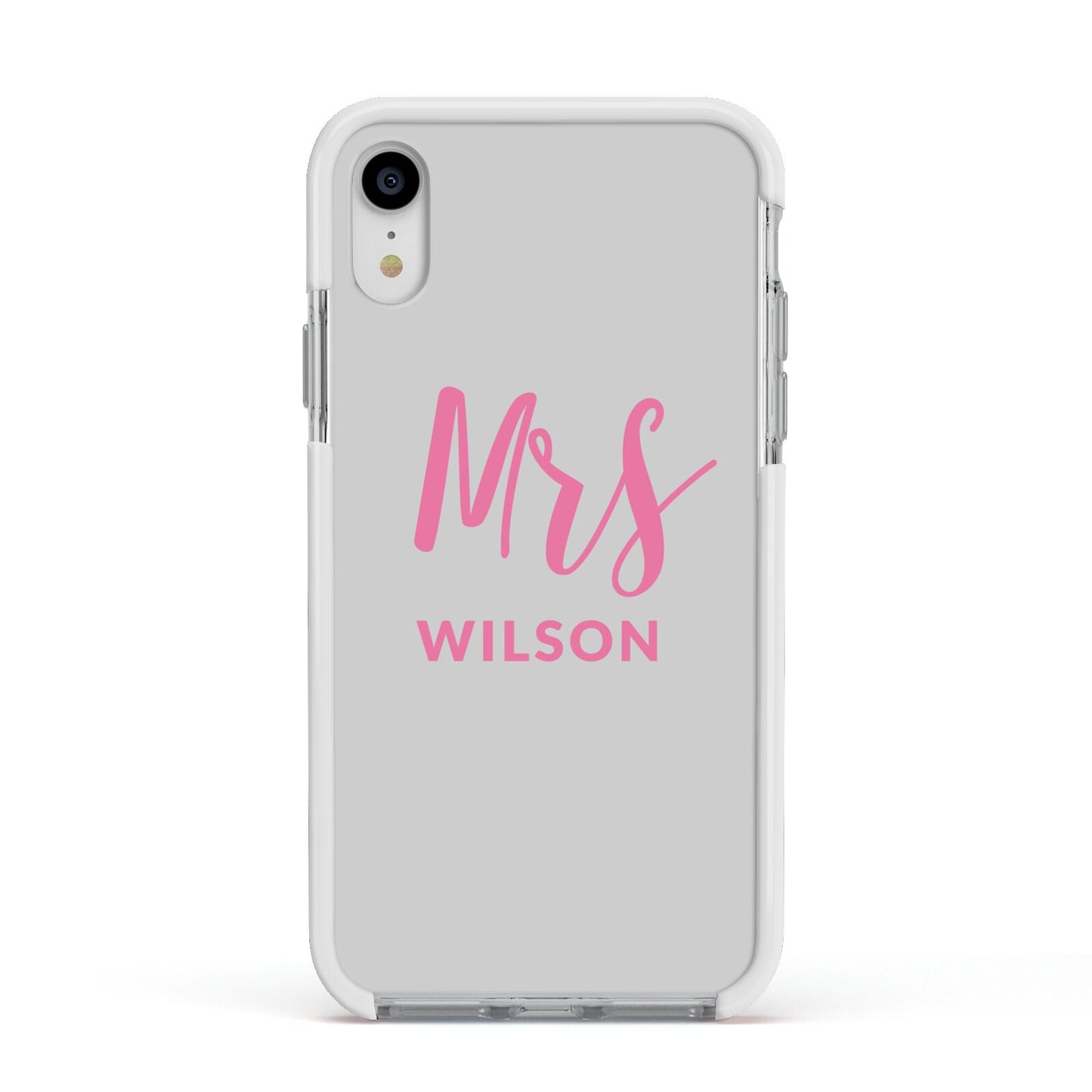 Personalised Mrs Couple Apple iPhone XR Impact Case White Edge on Silver Phone
