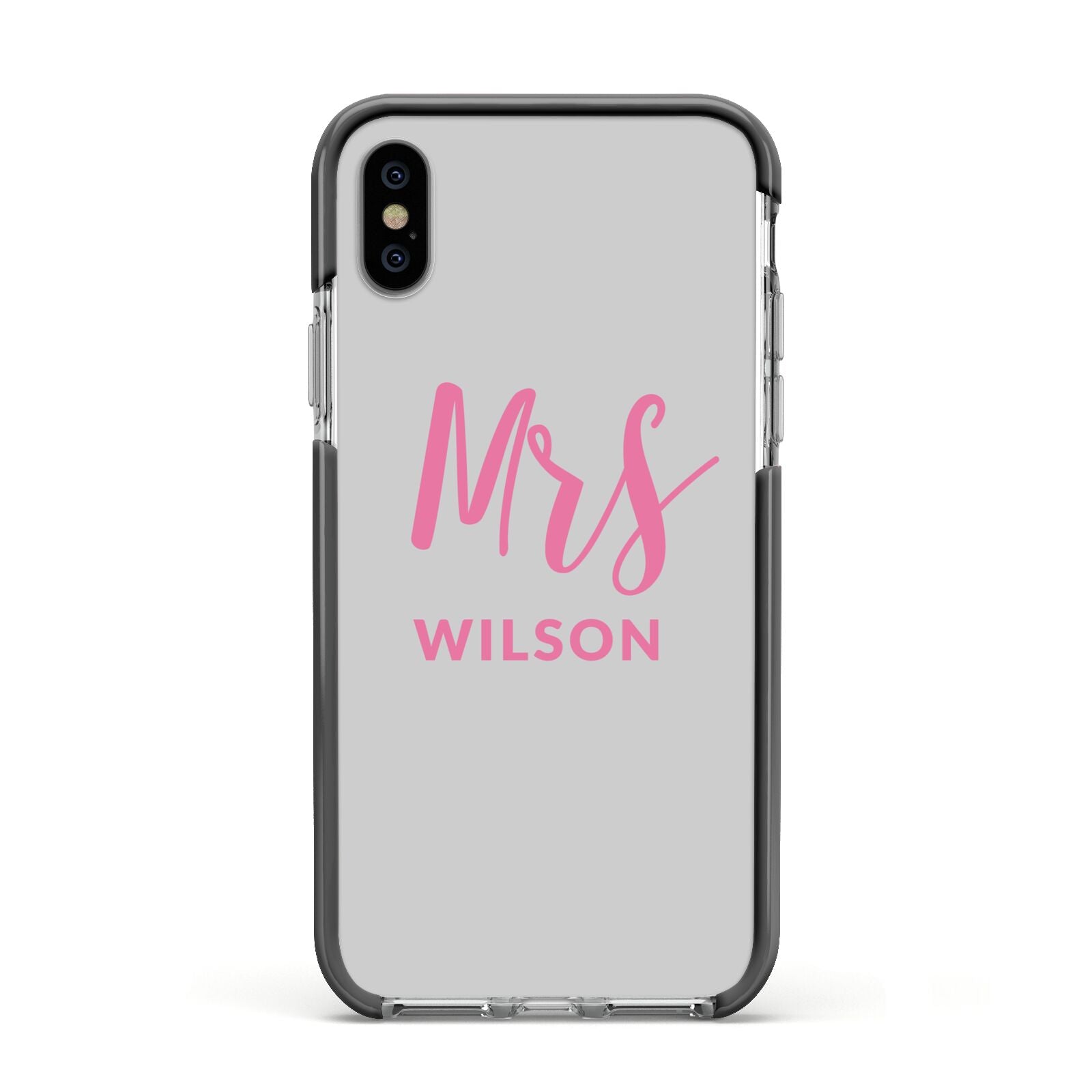 Personalised Mrs Couple Apple iPhone Xs Impact Case Black Edge on Silver Phone