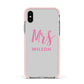 Personalised Mrs Couple Apple iPhone Xs Impact Case Pink Edge on Silver Phone