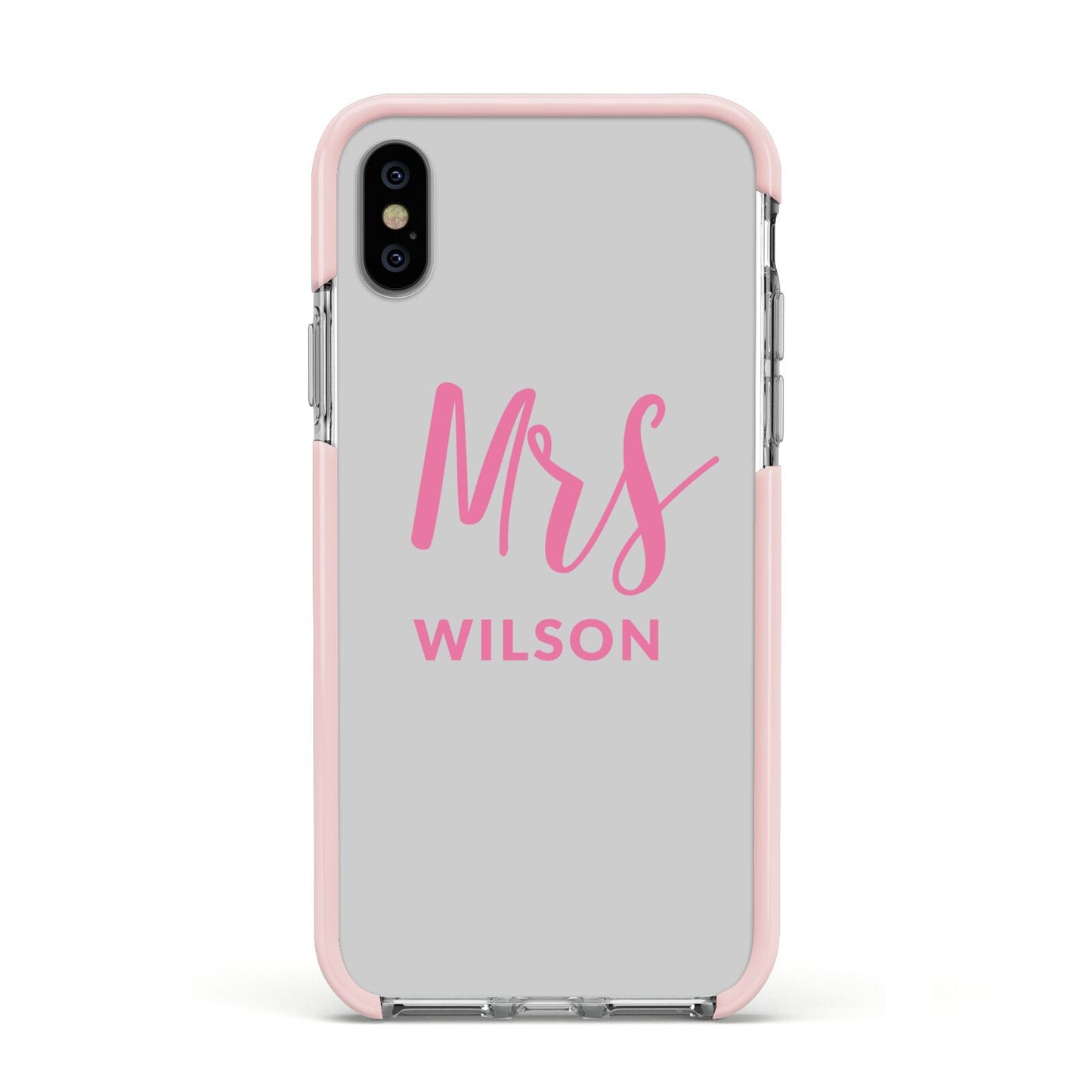 Personalised Mrs Couple Apple iPhone Xs Impact Case Pink Edge on Silver Phone