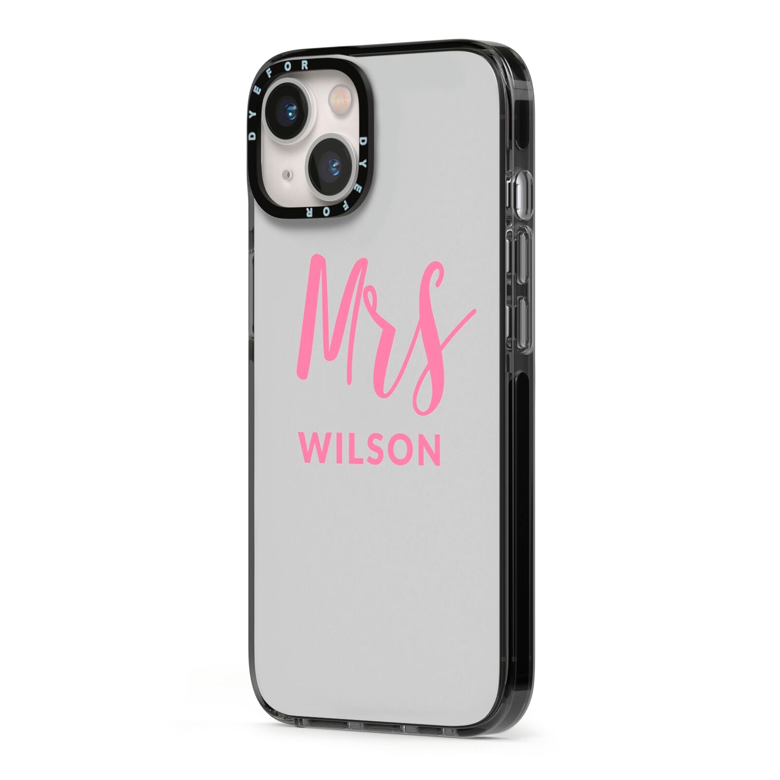 Personalised Mrs Couple iPhone 13 Black Impact Case Side Angle on Silver phone