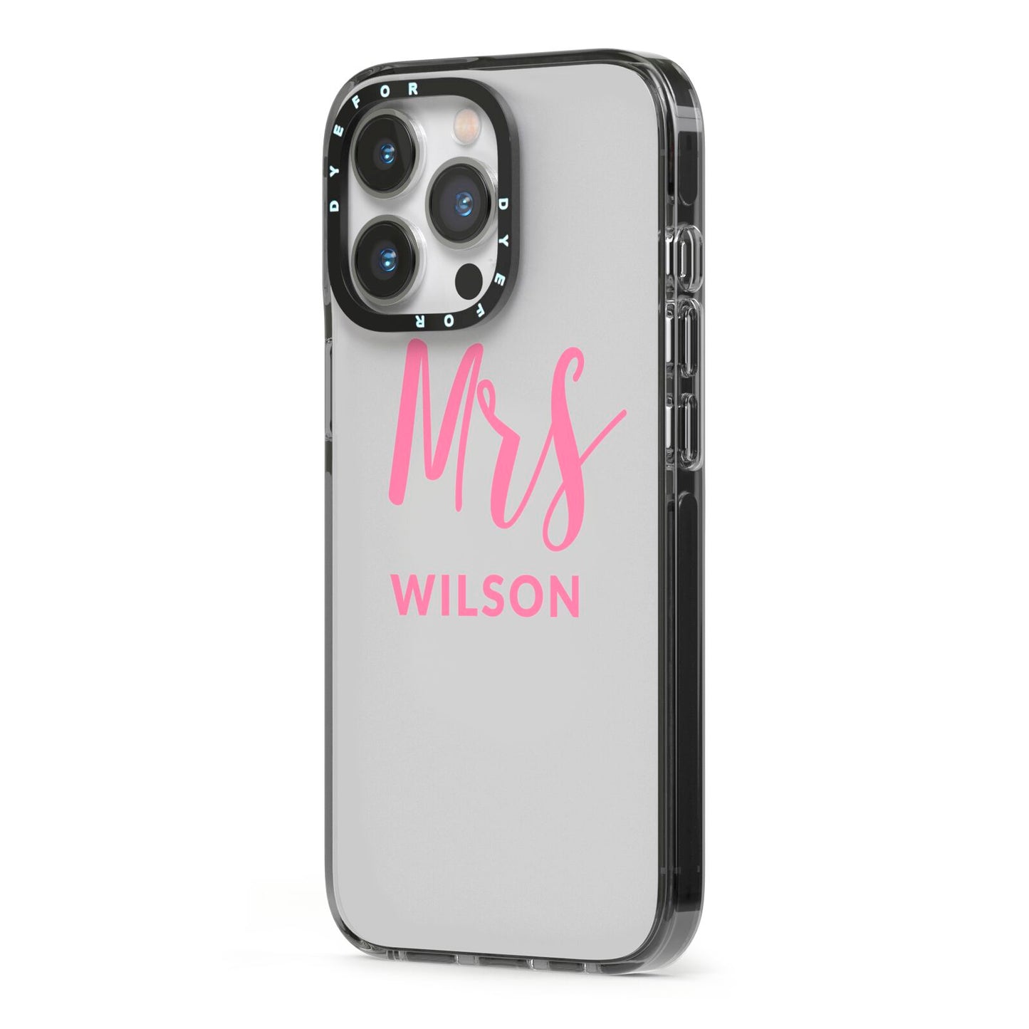 Personalised Mrs Couple iPhone 13 Pro Black Impact Case Side Angle on Silver phone