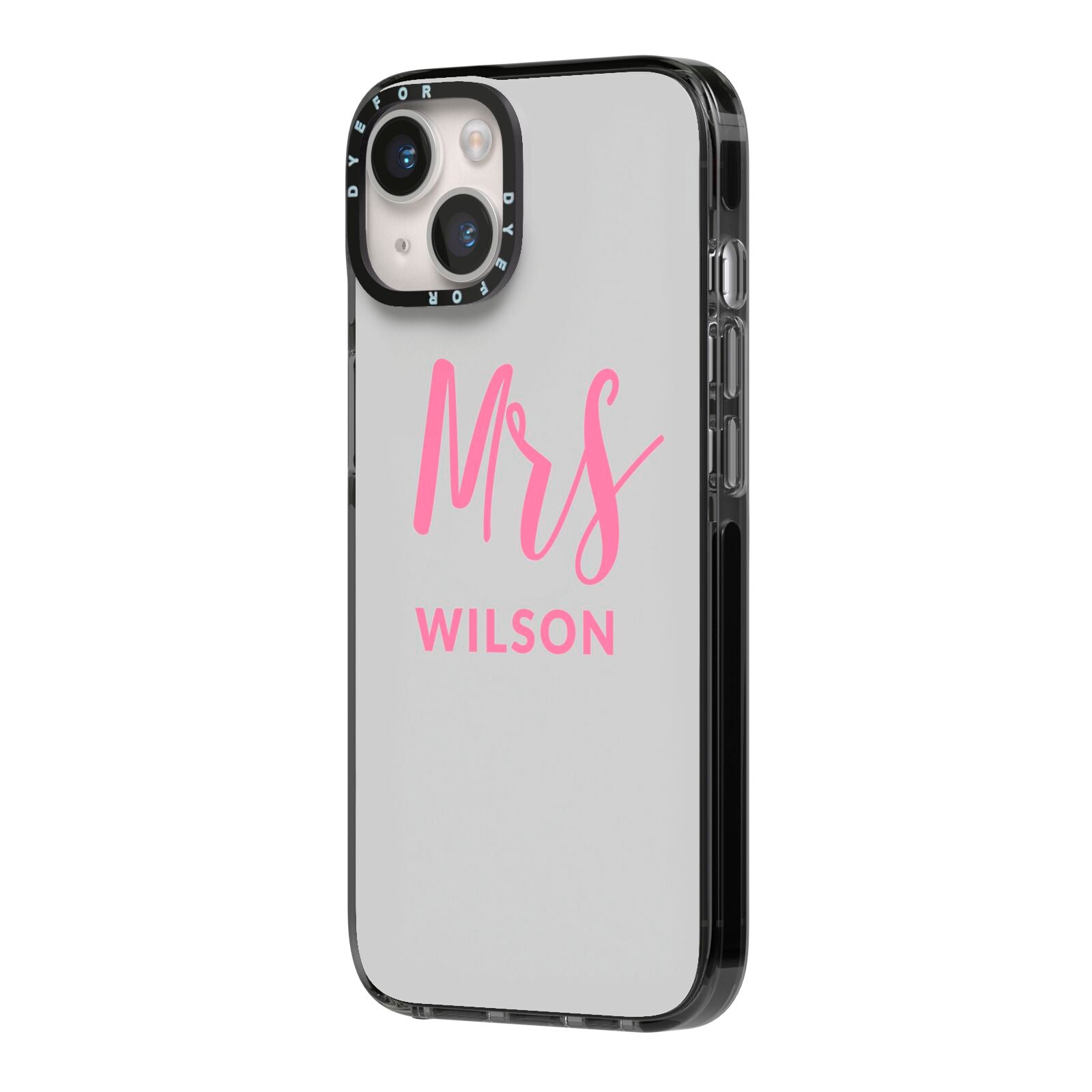 Personalised Mrs Couple iPhone 14 Black Impact Case Side Angle on Silver phone