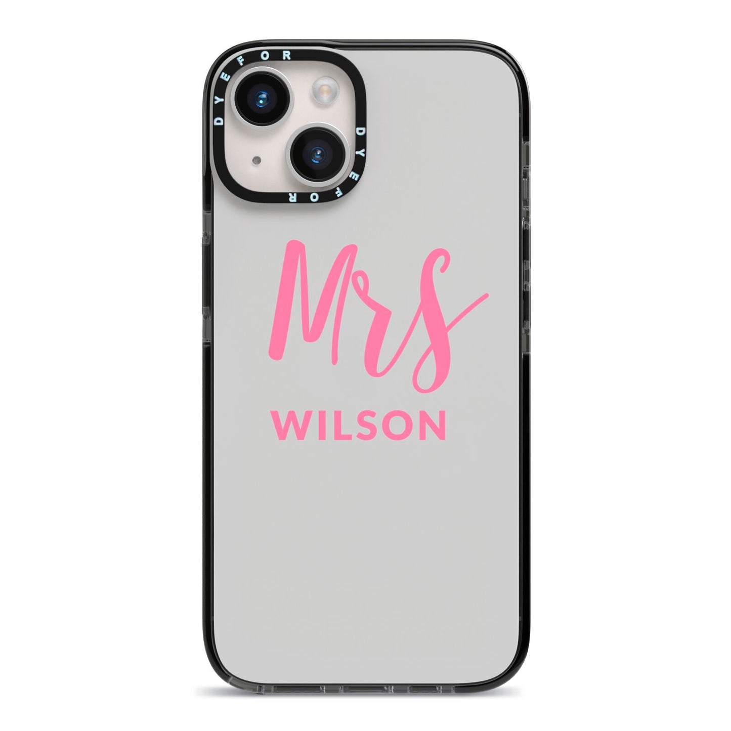Personalised Mrs Couple iPhone 14 Black Impact Case on Silver phone