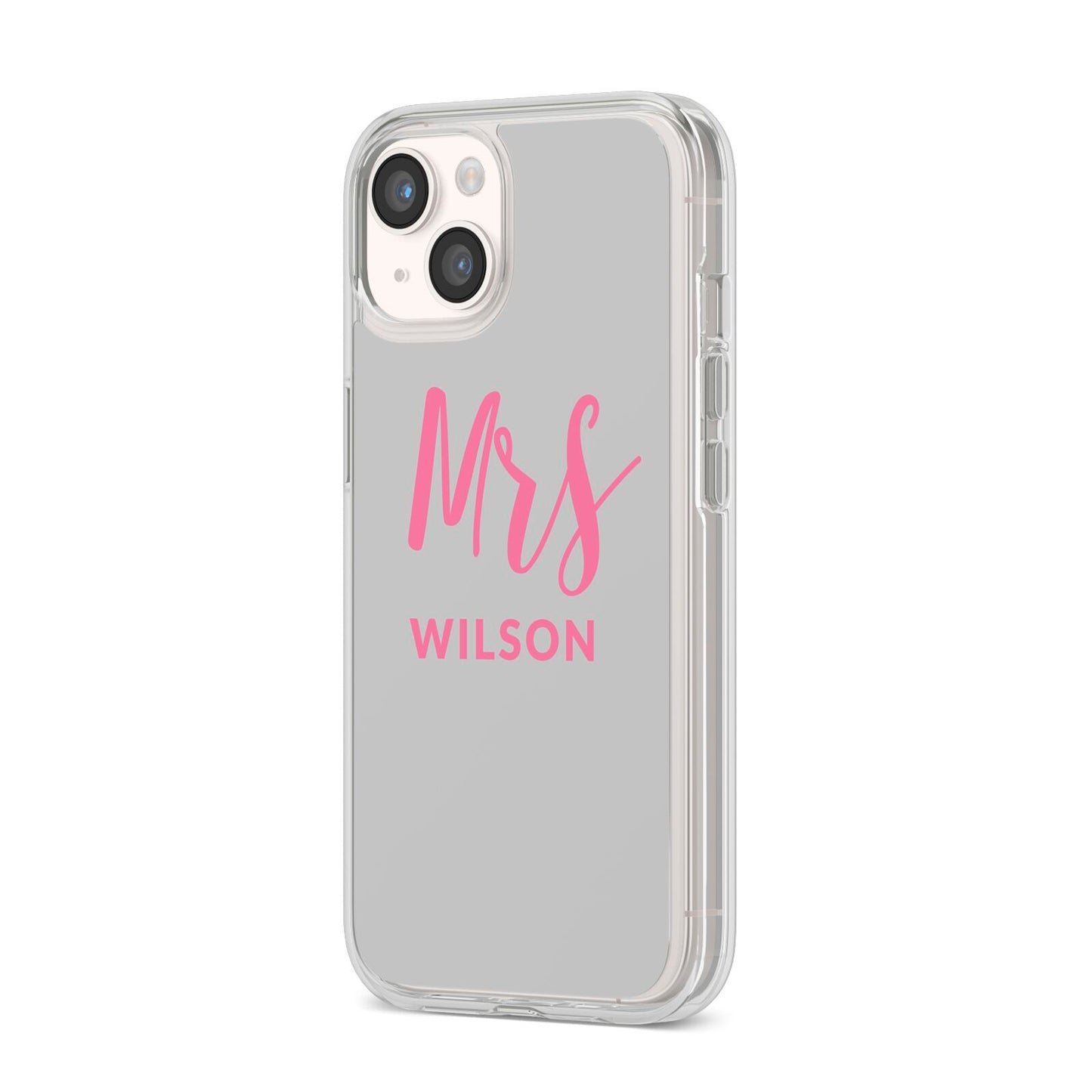 Personalised Mrs Couple iPhone 14 Clear Tough Case Starlight Angled Image