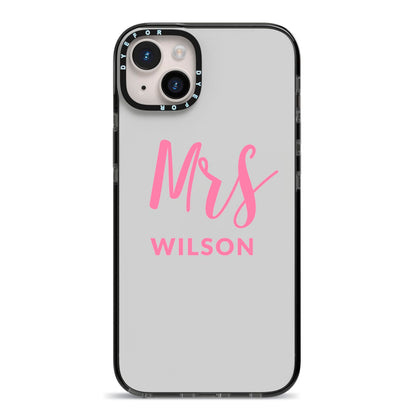 Personalised Mrs Couple iPhone 14 Plus Black Impact Case on Silver phone