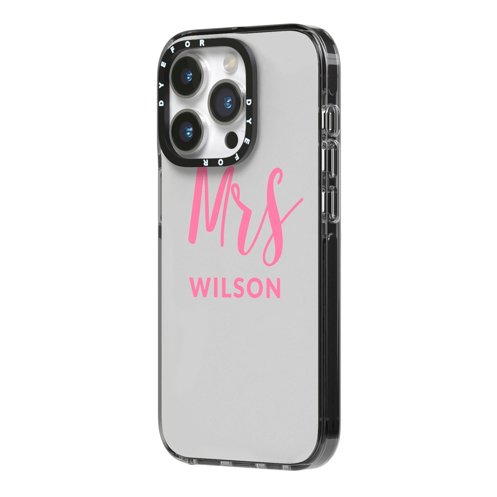 Personalised Mrs Couple iPhone 14 Pro Black Impact Case Side Angle on Silver phone