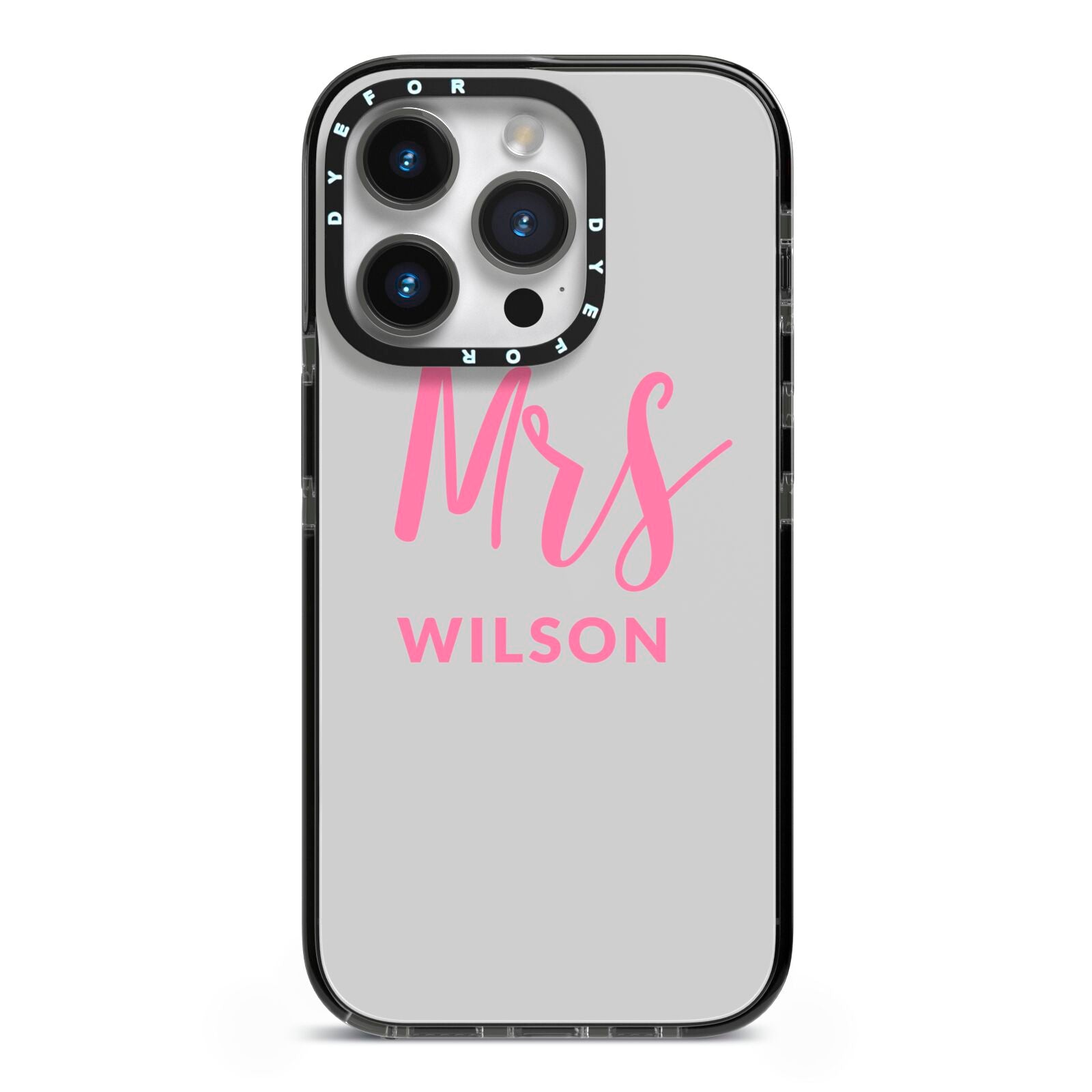 Personalised Mrs Couple iPhone 14 Pro Black Impact Case on Silver phone