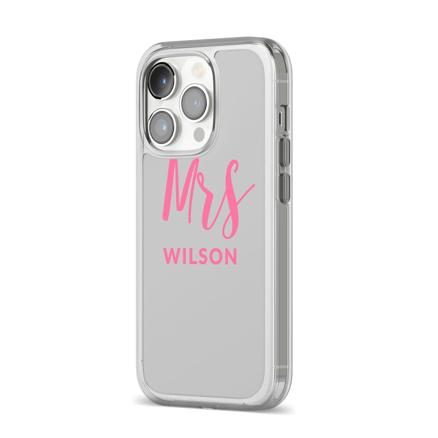 Personalised Mrs Couple iPhone 14 Pro Clear Tough Case Silver Angled Image
