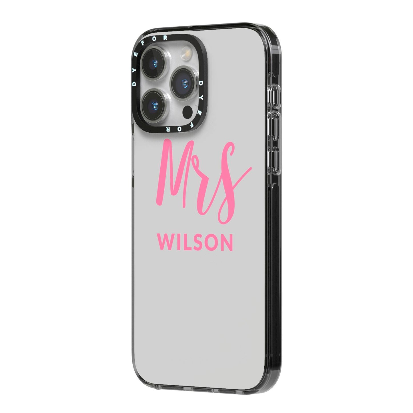 Personalised Mrs Couple iPhone 14 Pro Max Black Impact Case Side Angle on Silver phone