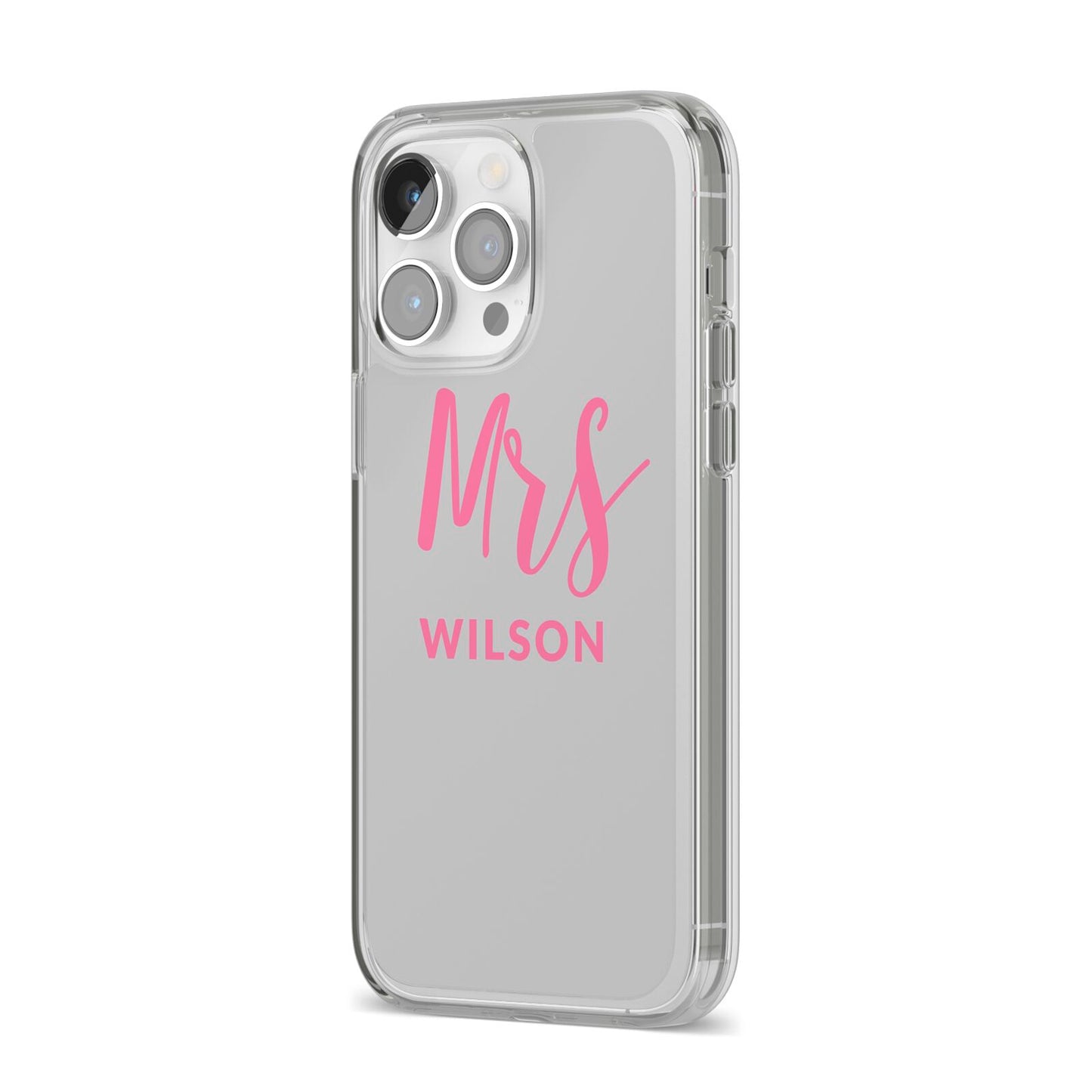 Personalised Mrs Couple iPhone 14 Pro Max Clear Tough Case Silver Angled Image