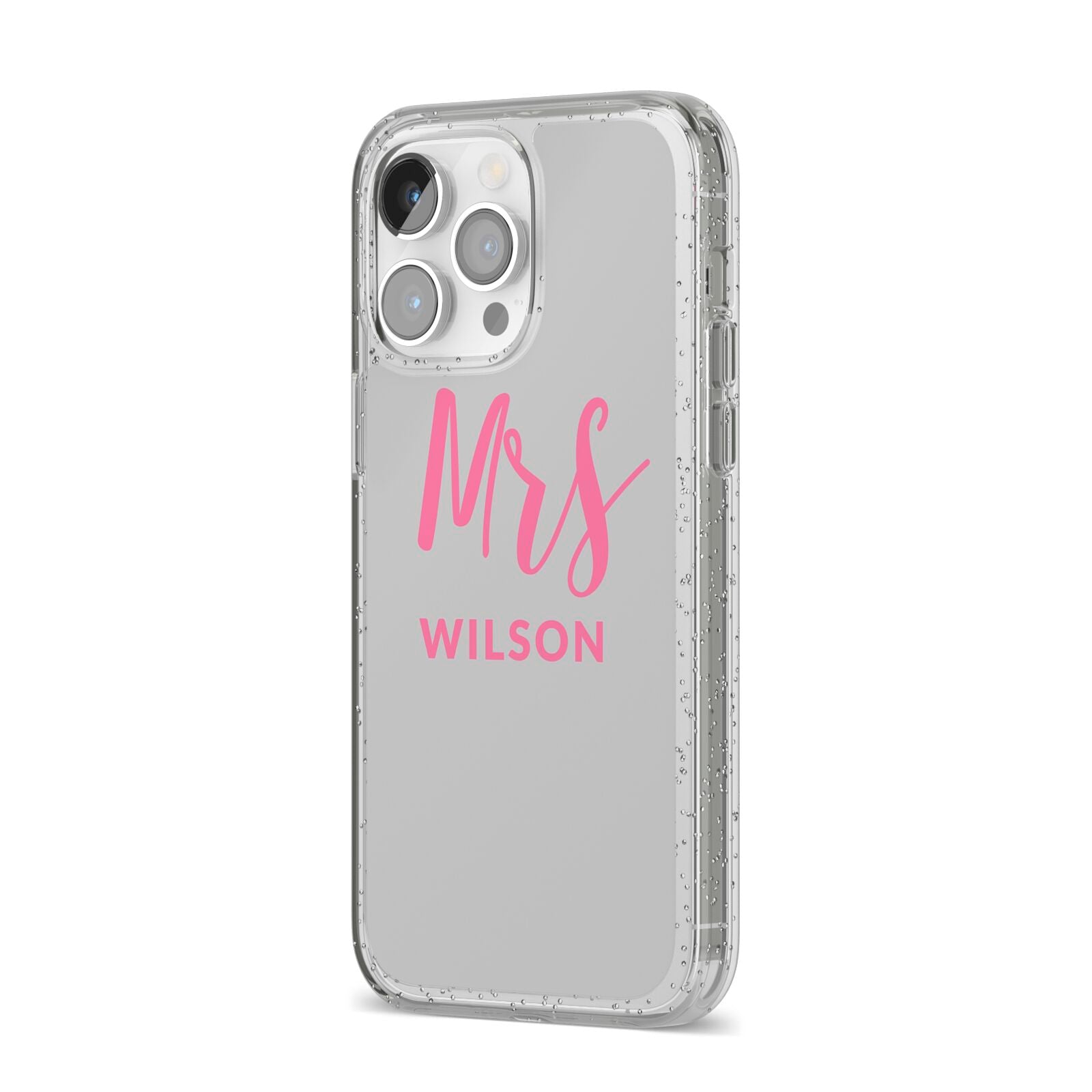 Personalised Mrs Couple iPhone 14 Pro Max Glitter Tough Case Silver Angled Image