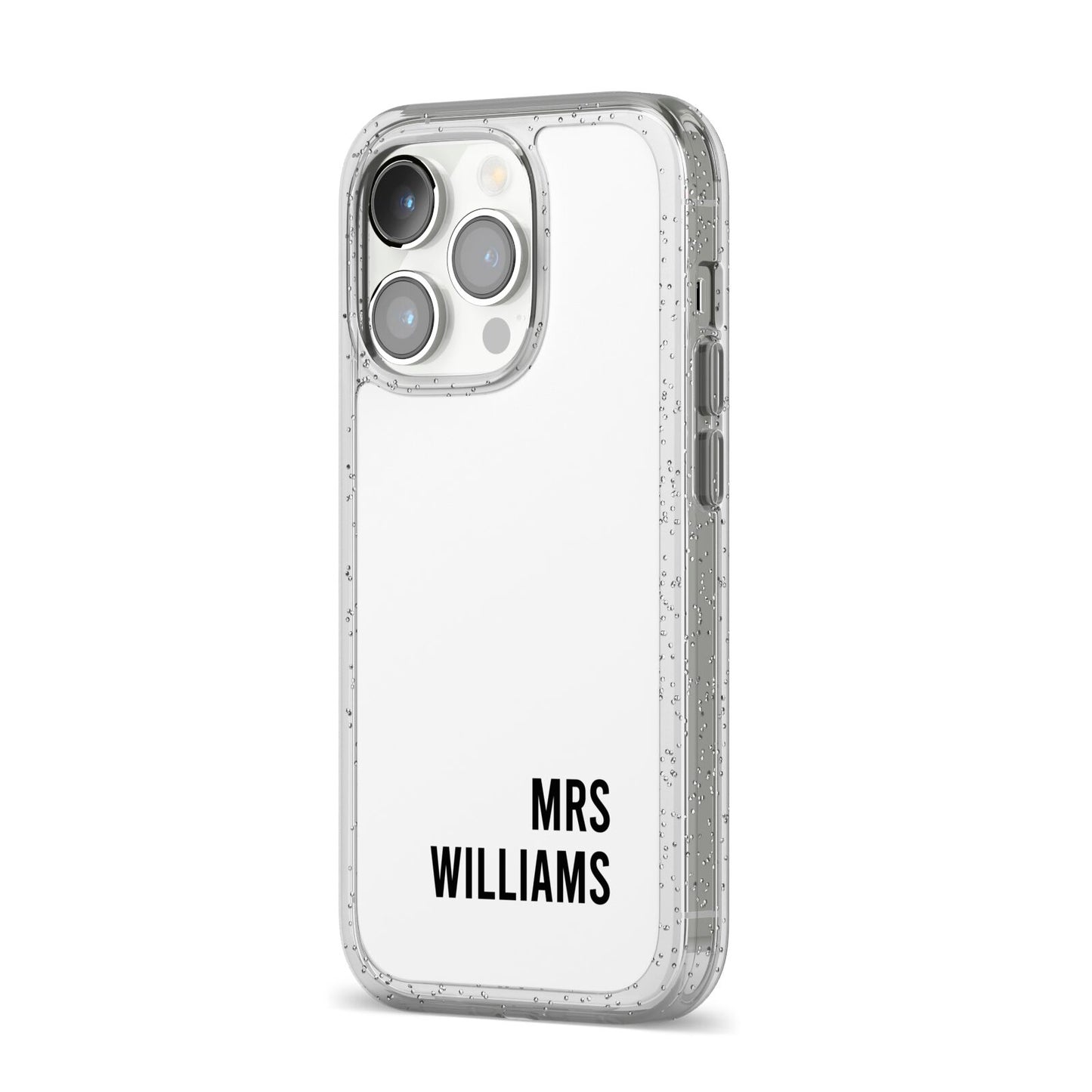 Personalised Mrs Surname iPhone 14 Pro Glitter Tough Case Silver Angled Image