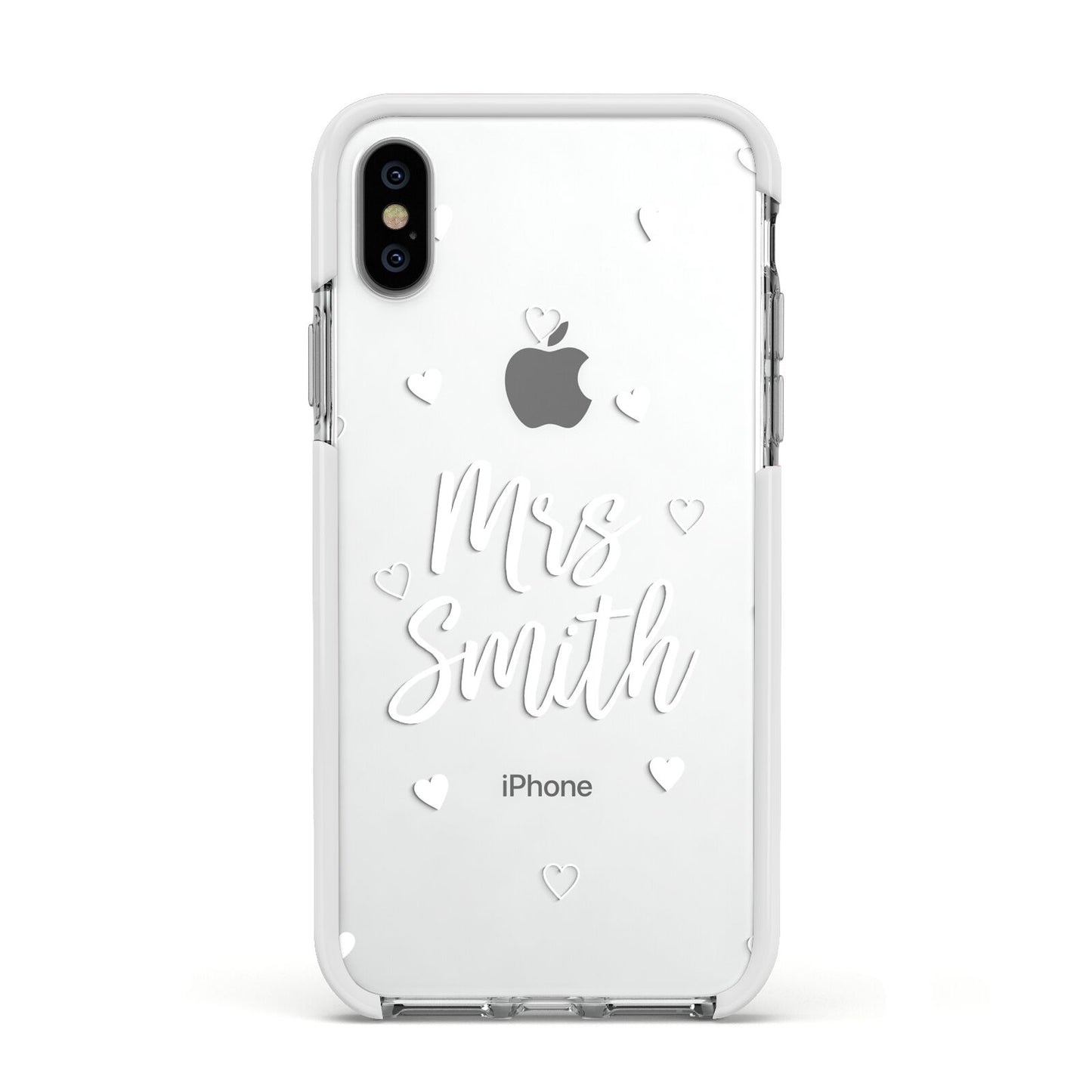 Personalised Mrs with Hearts Apple iPhone Xs Impact Case White Edge on Silver Phone