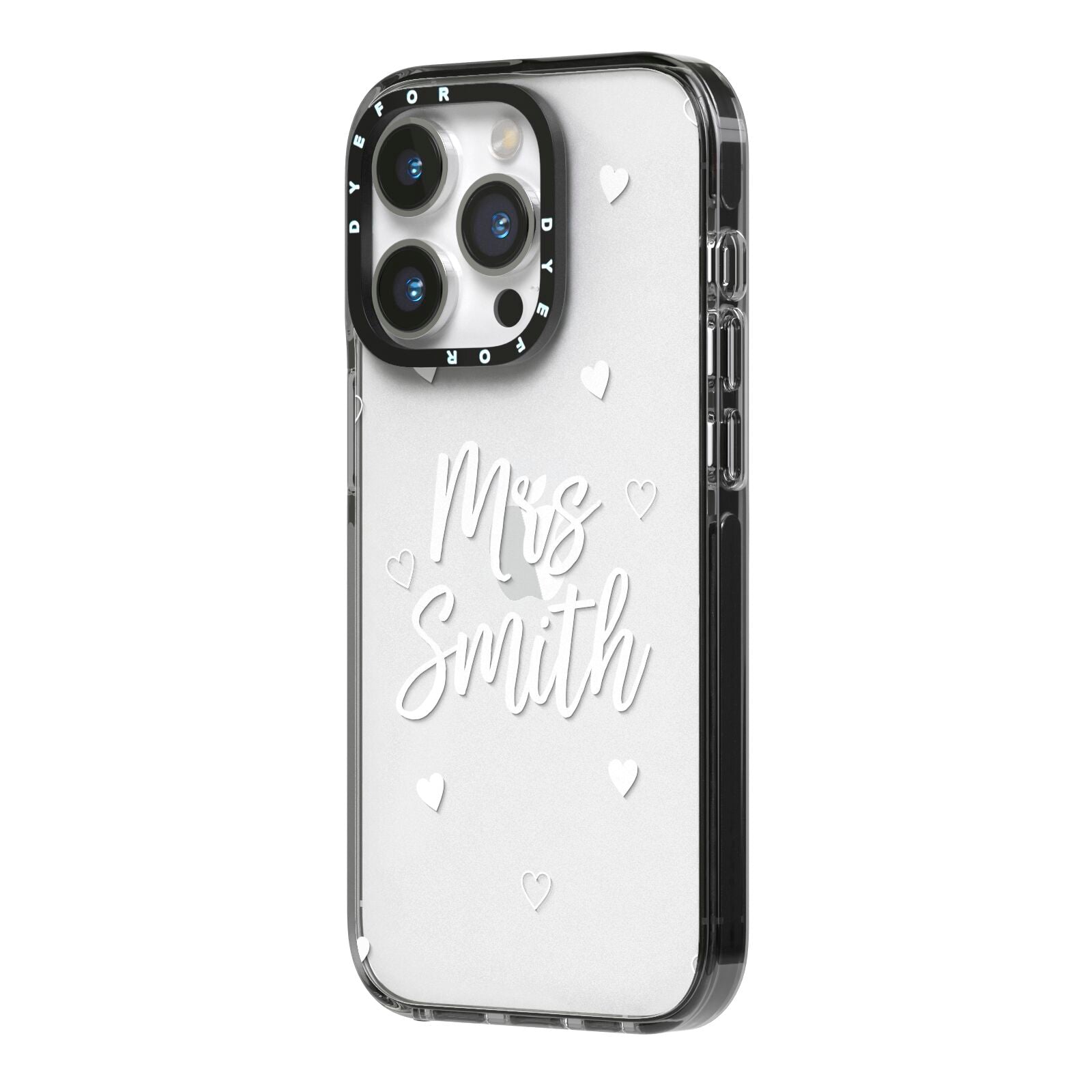 Personalised Mrs with Hearts iPhone 14 Pro Black Impact Case Side Angle on Silver phone