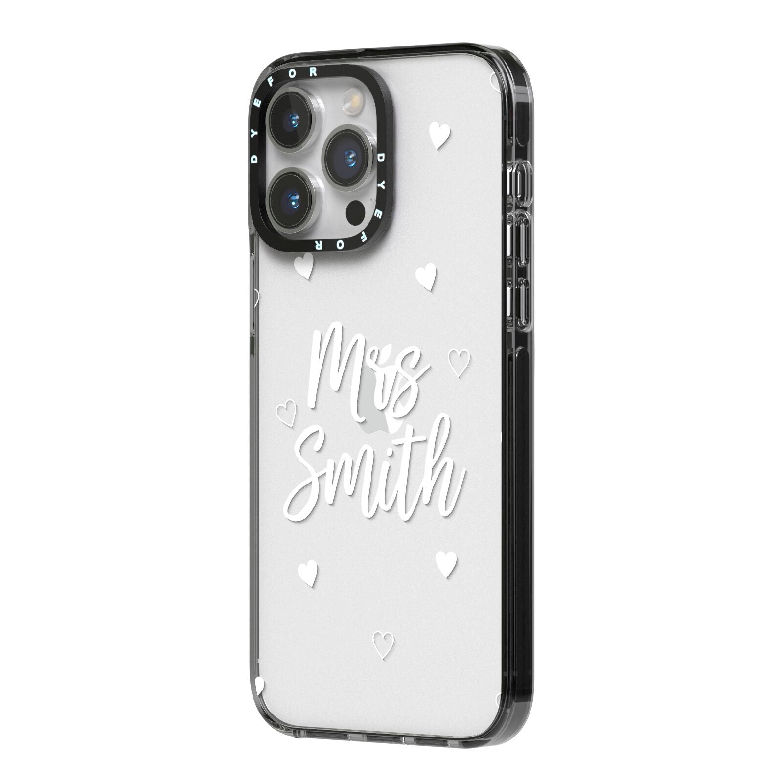 Personalised Mrs with Hearts iPhone 14 Pro Max Black Impact Case Side Angle on Silver phone