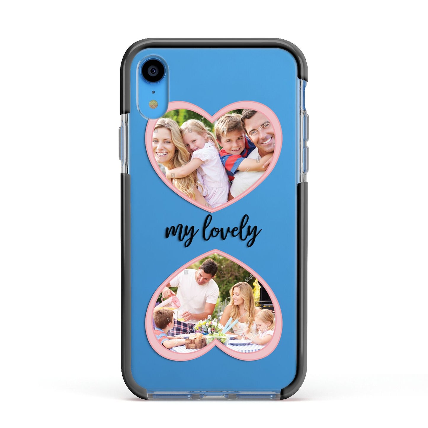 Personalised Multi Photo Hearts Apple iPhone XR Impact Case Black Edge on Blue Phone