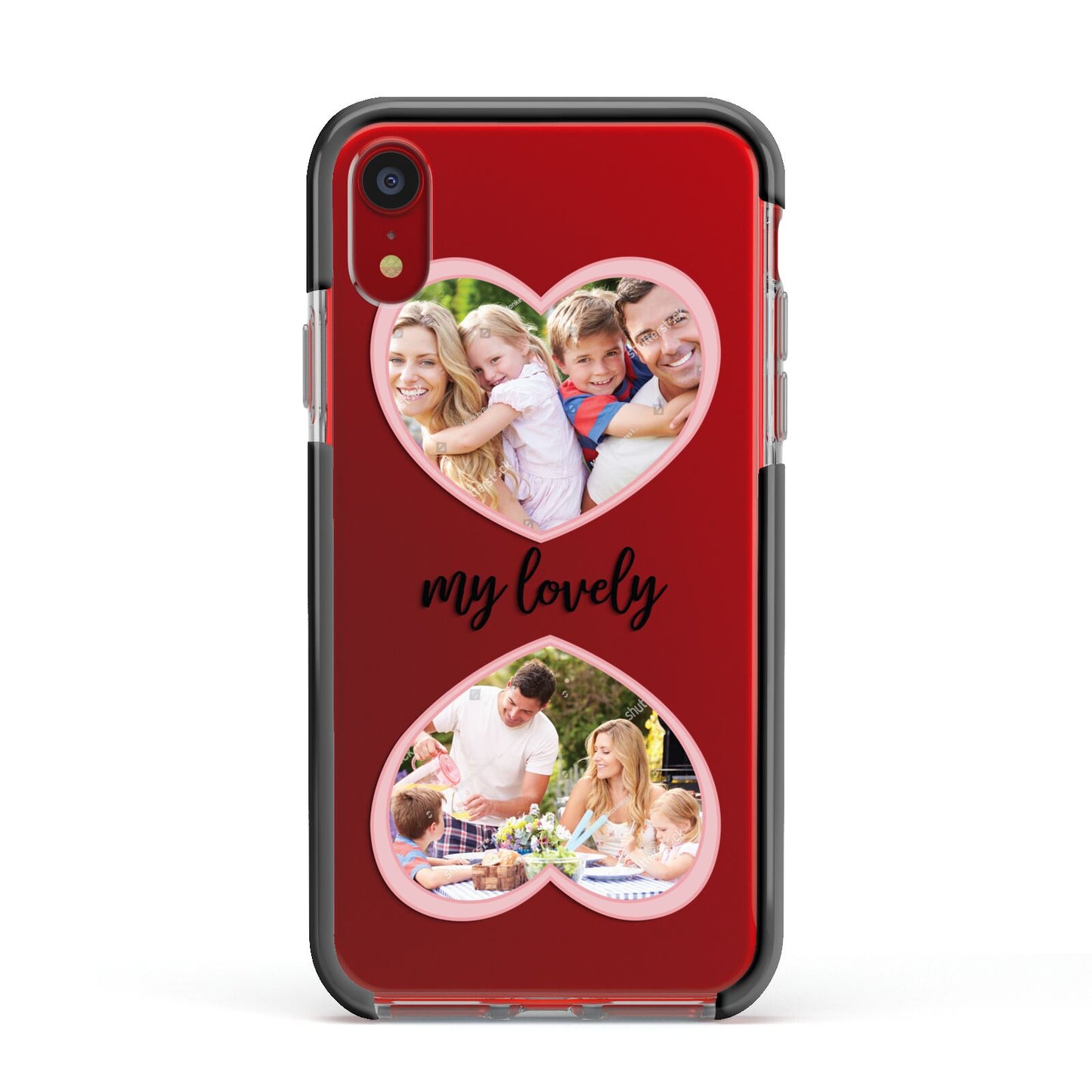 Personalised Multi Photo Hearts Apple iPhone XR Impact Case Black Edge on Red Phone