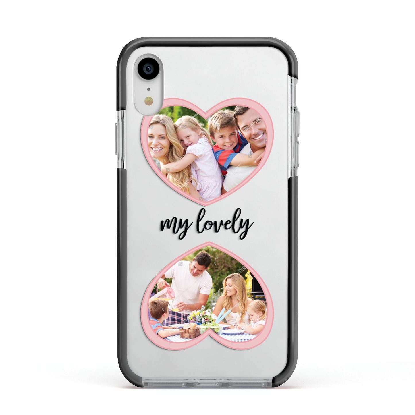 Personalised Multi Photo Hearts Apple iPhone XR Impact Case Black Edge on Silver Phone