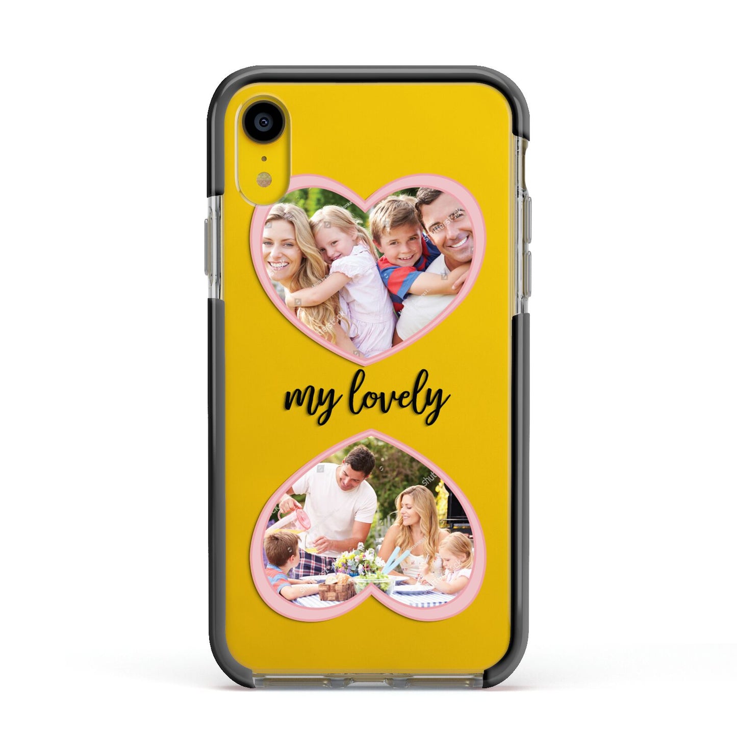 Personalised Multi Photo Hearts Apple iPhone XR Impact Case Black Edge on Yellow Phone