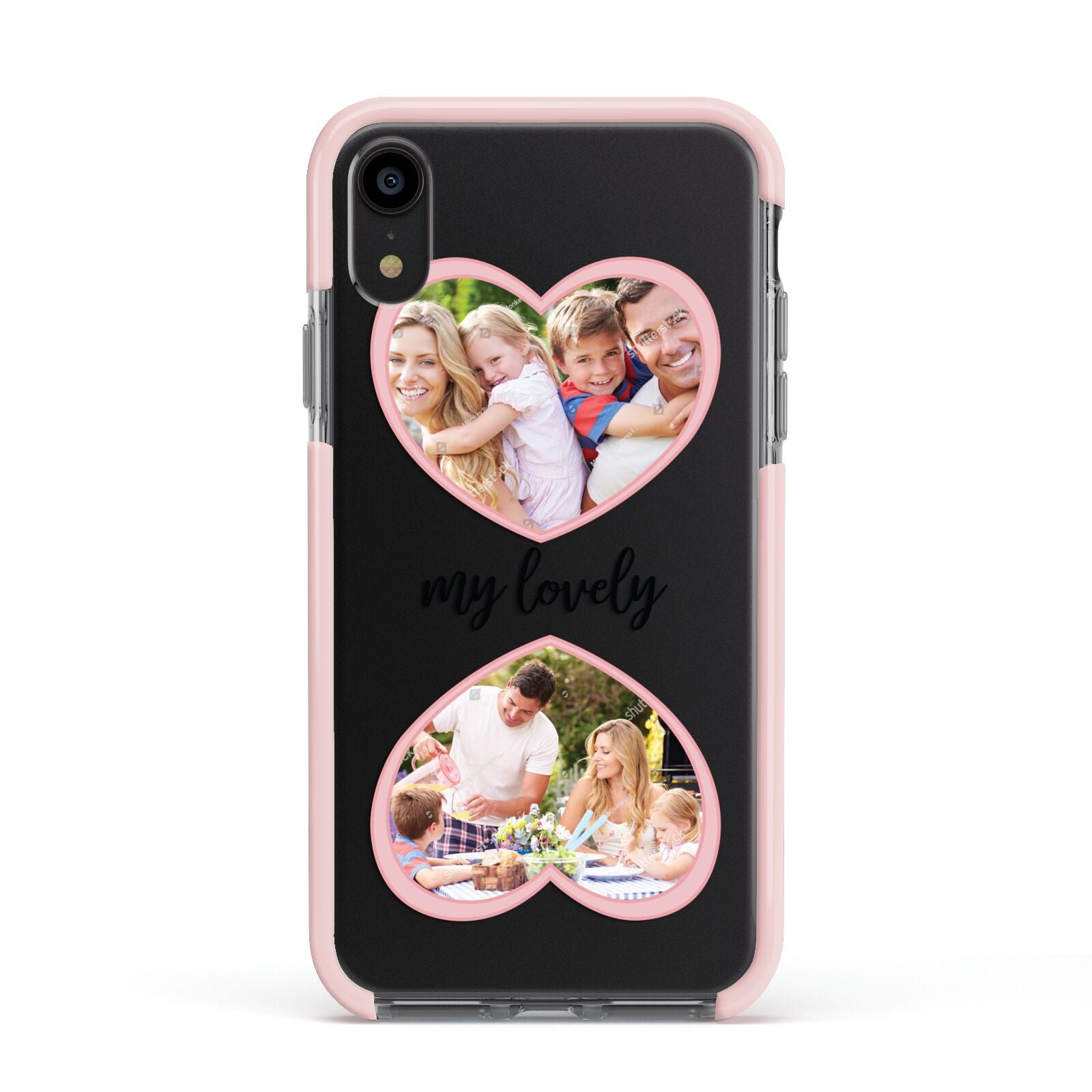 Personalised Multi Photo Hearts Apple iPhone XR Impact Case Pink Edge on Black Phone