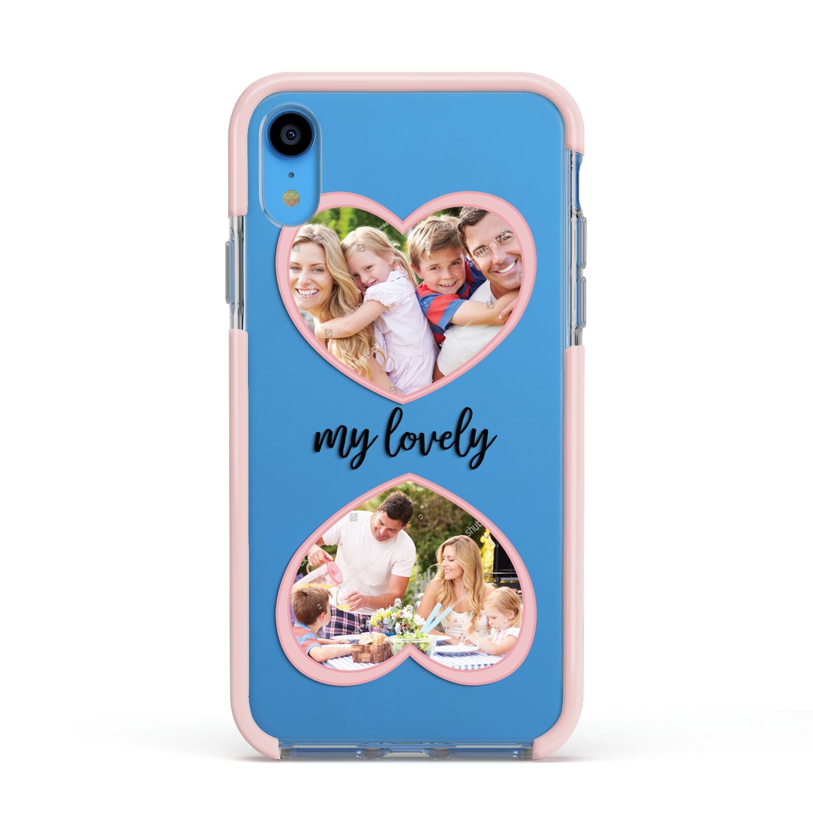 Personalised Multi Photo Hearts Apple iPhone XR Impact Case Pink Edge on Blue Phone