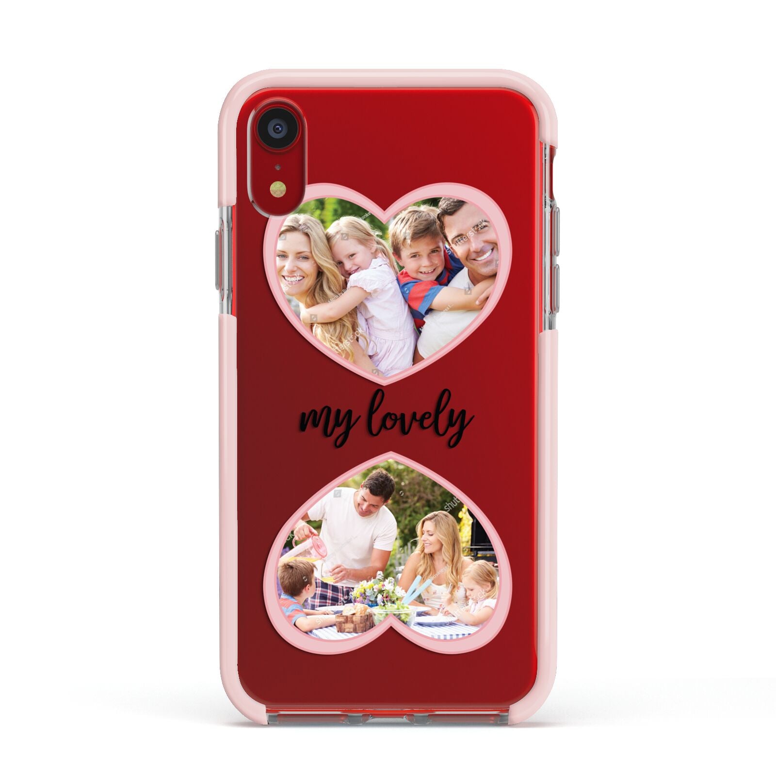 Personalised Multi Photo Hearts Apple iPhone XR Impact Case Pink Edge on Red Phone