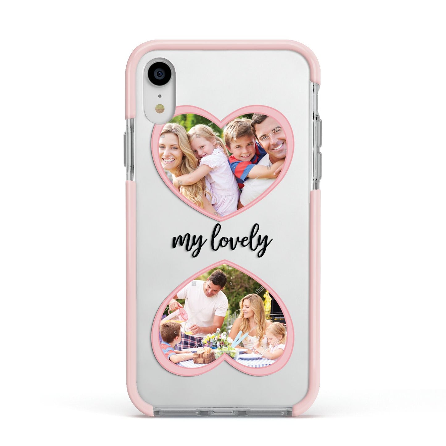 Personalised Multi Photo Hearts Apple iPhone XR Impact Case Pink Edge on Silver Phone