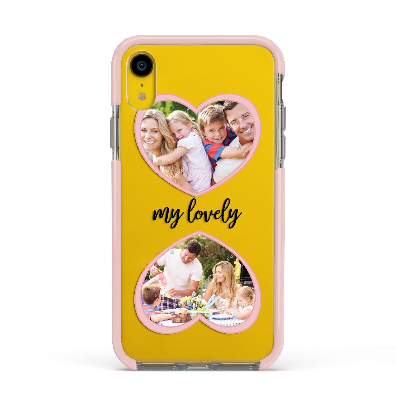 Personalised Multi Photo Hearts Apple iPhone XR Impact Case Pink Edge on Yellow Phone