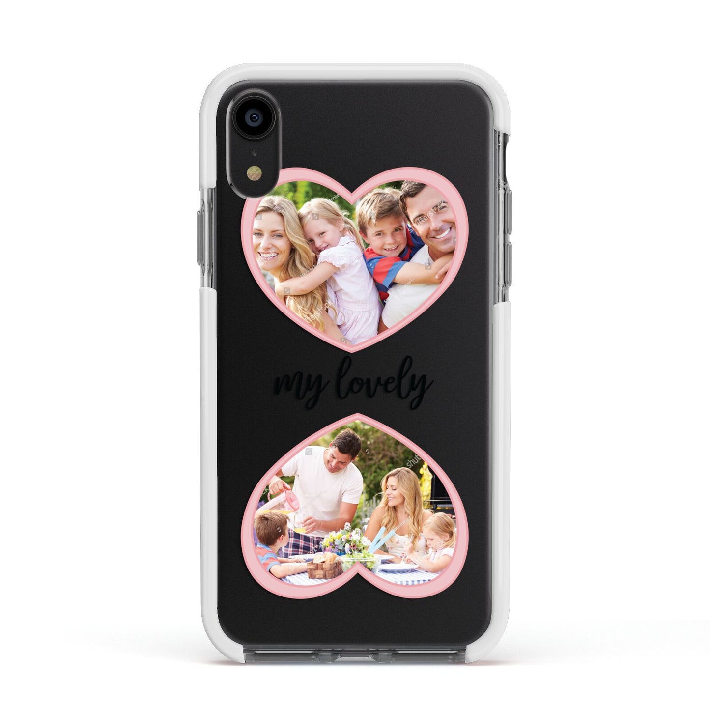 Personalised Multi Photo Hearts Apple iPhone XR Impact Case White Edge on Black Phone