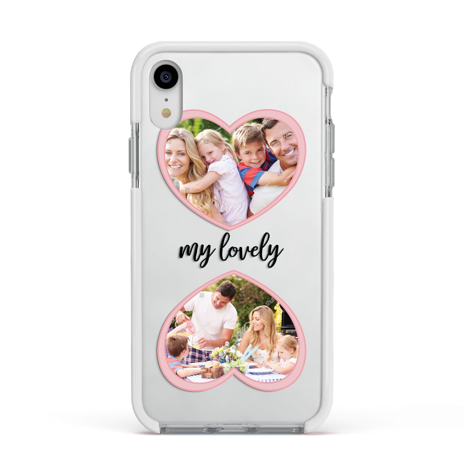 Personalised Multi Photo Hearts Apple iPhone XR Impact Case White Edge on Silver Phone