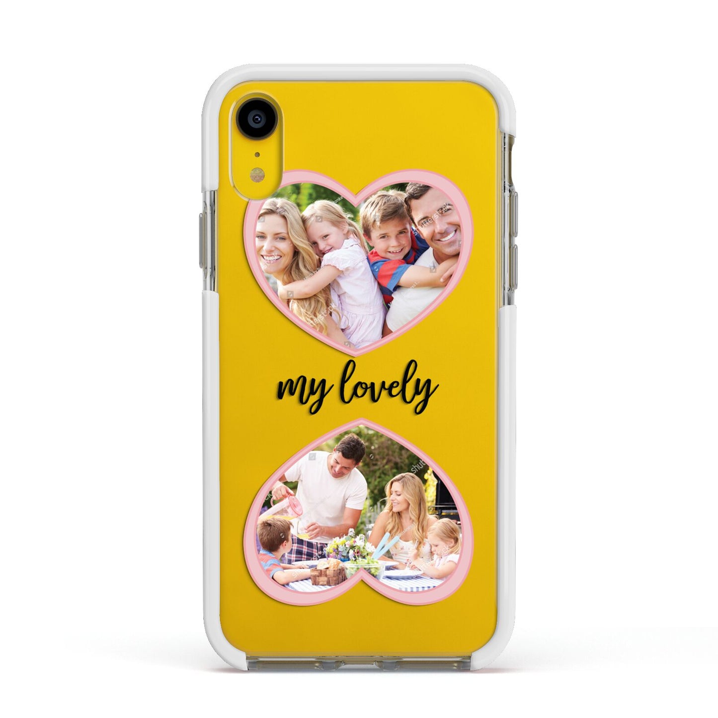 Personalised Multi Photo Hearts Apple iPhone XR Impact Case White Edge on Yellow Phone