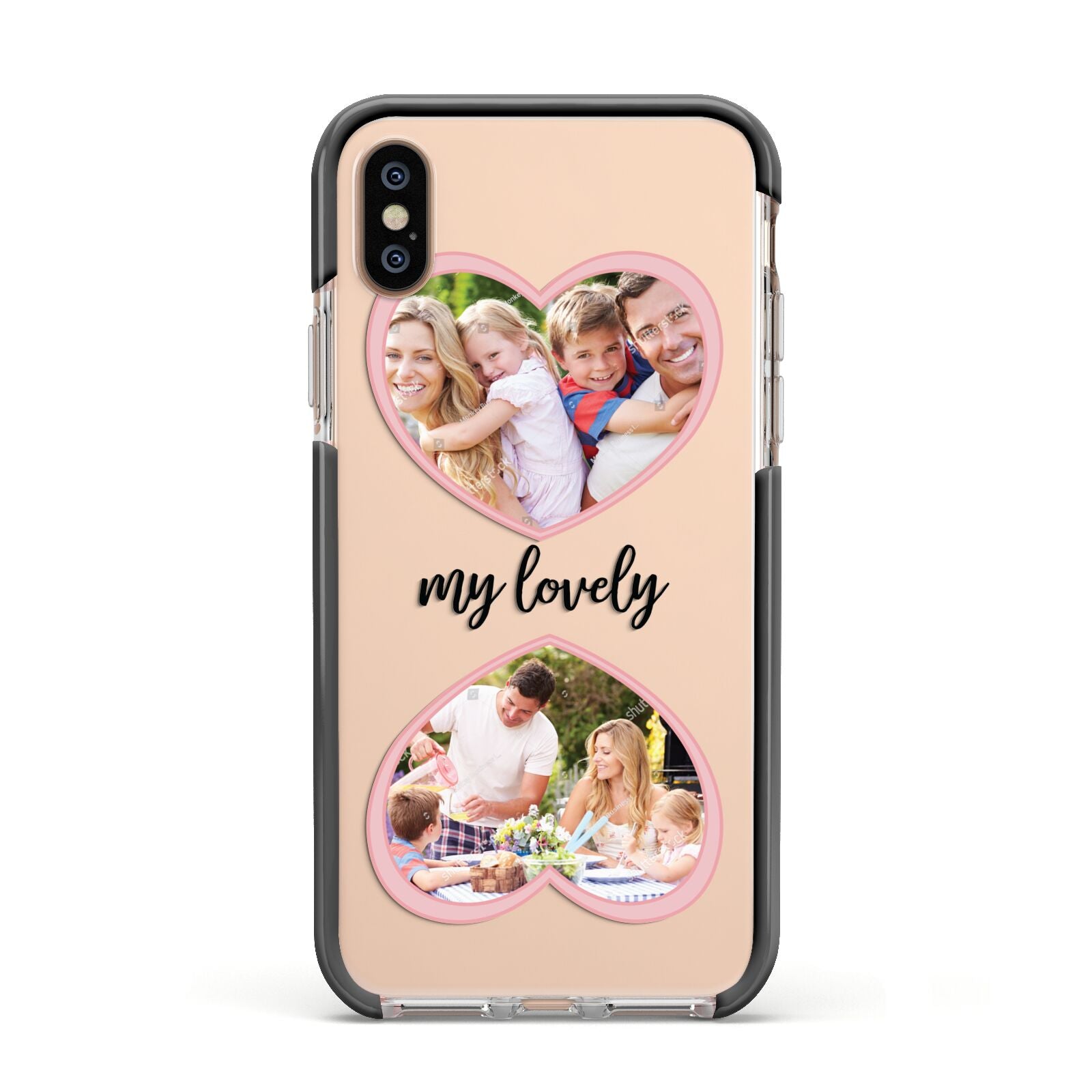 Personalised Multi Photo Hearts Apple iPhone Xs Impact Case Black Edge on Gold Phone