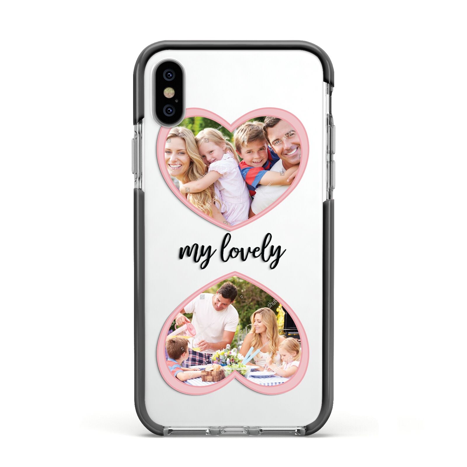 Personalised Multi Photo Hearts Apple iPhone Xs Impact Case Black Edge on Silver Phone