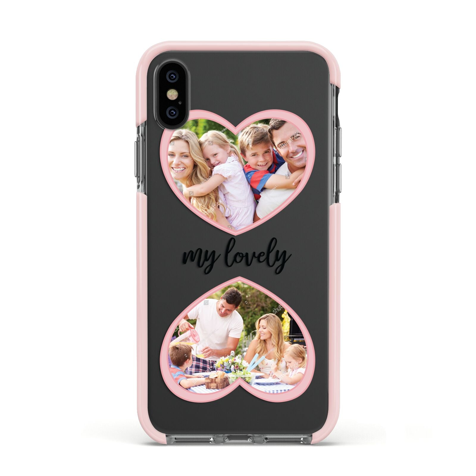 Personalised Multi Photo Hearts Apple iPhone Xs Impact Case Pink Edge on Black Phone