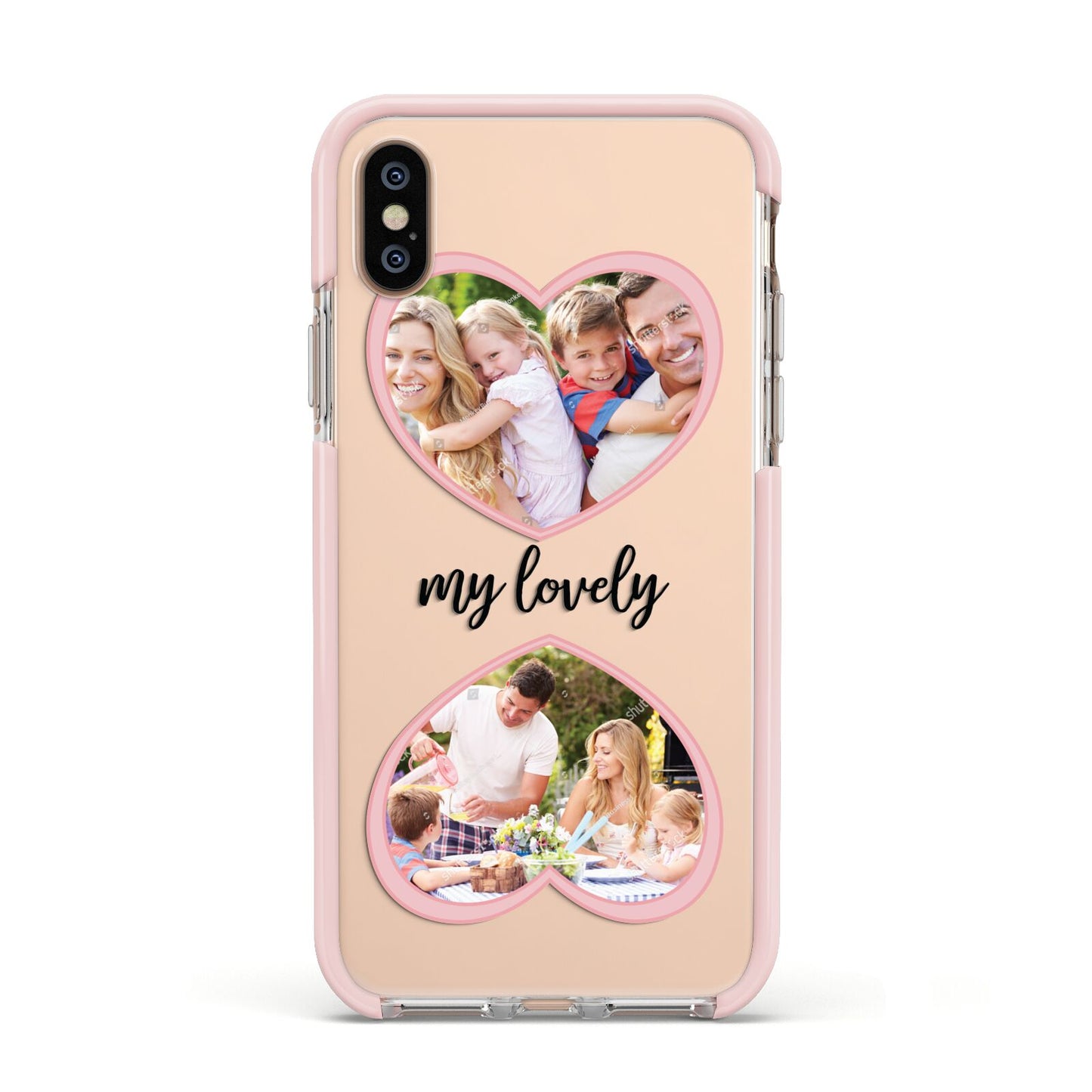 Personalised Multi Photo Hearts Apple iPhone Xs Impact Case Pink Edge on Gold Phone