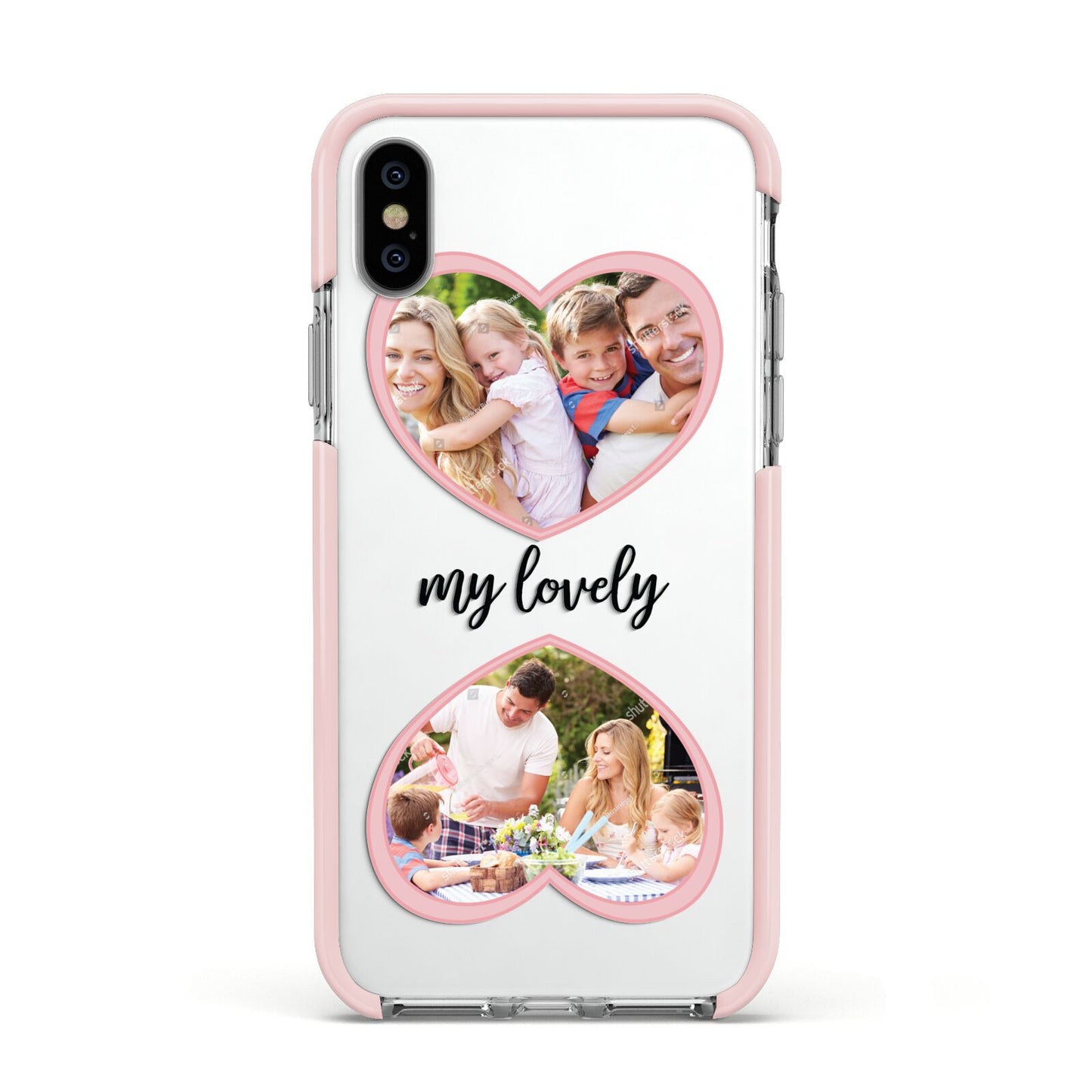 Personalised Multi Photo Hearts Apple iPhone Xs Impact Case Pink Edge on Silver Phone